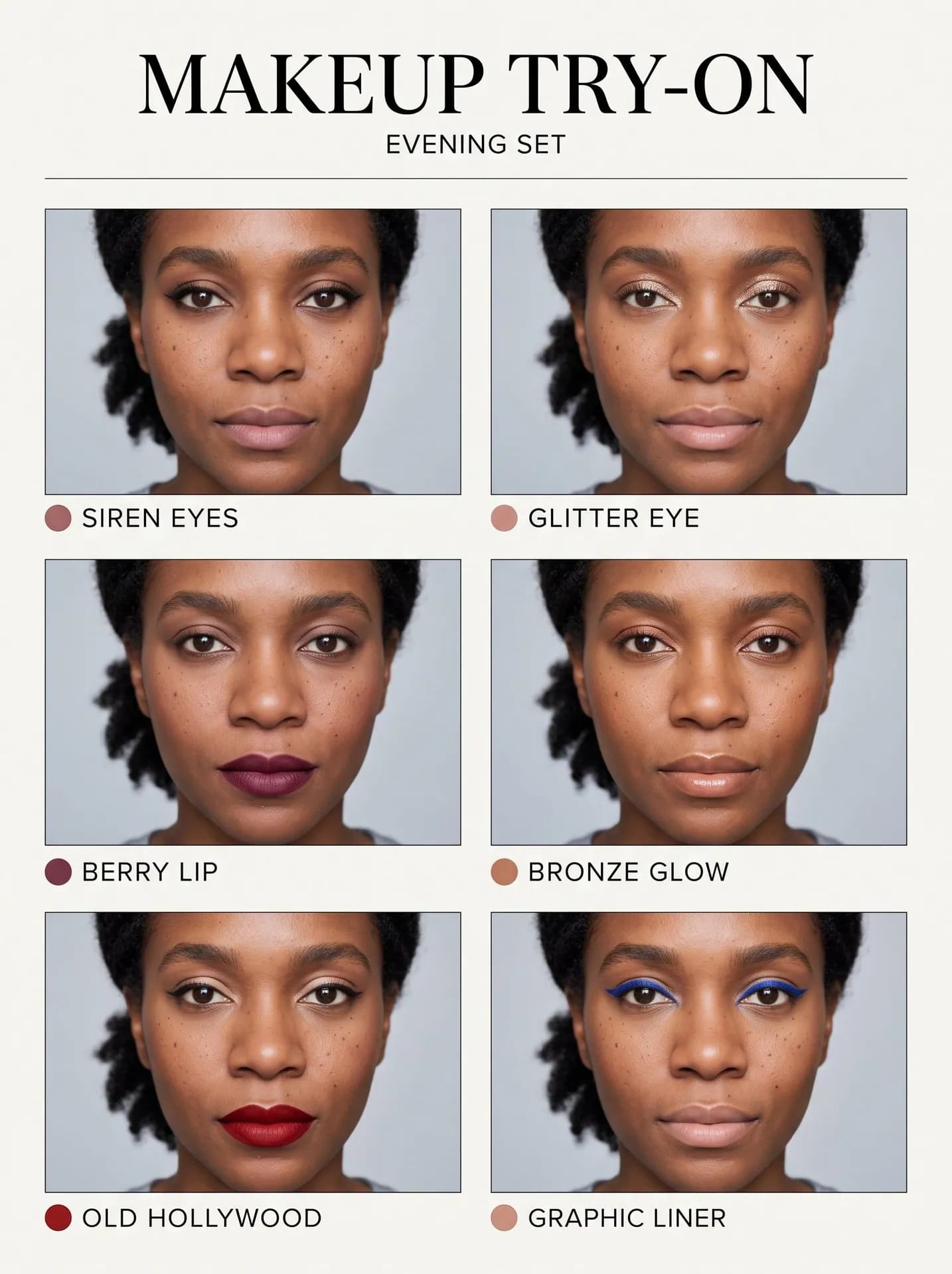 Poster of a woman with deep brown skin in six evening looks, from winged liner and a berry lip to blue graphic liner