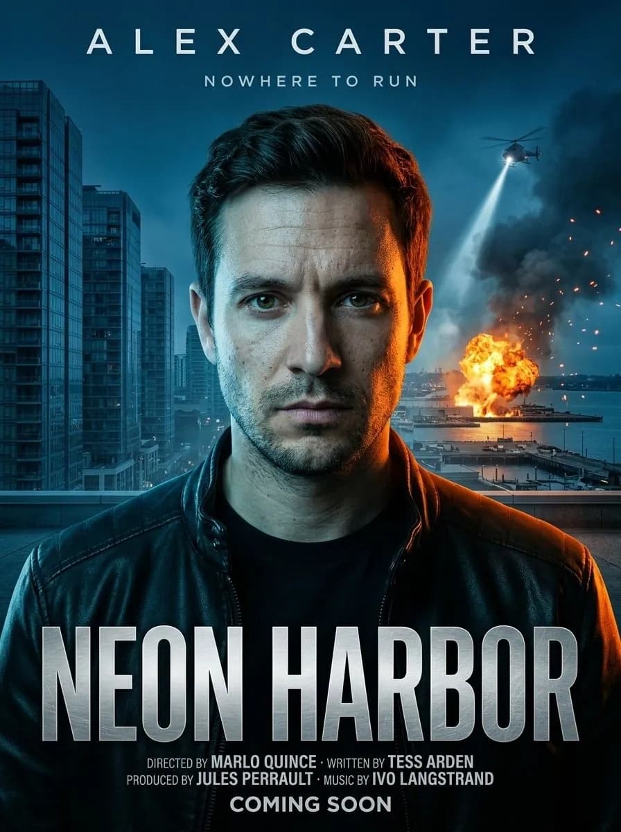 Action thriller poster of a man with stubble in a leather jacket on a night rooftop, a fire at the docks, title Neon Harbor