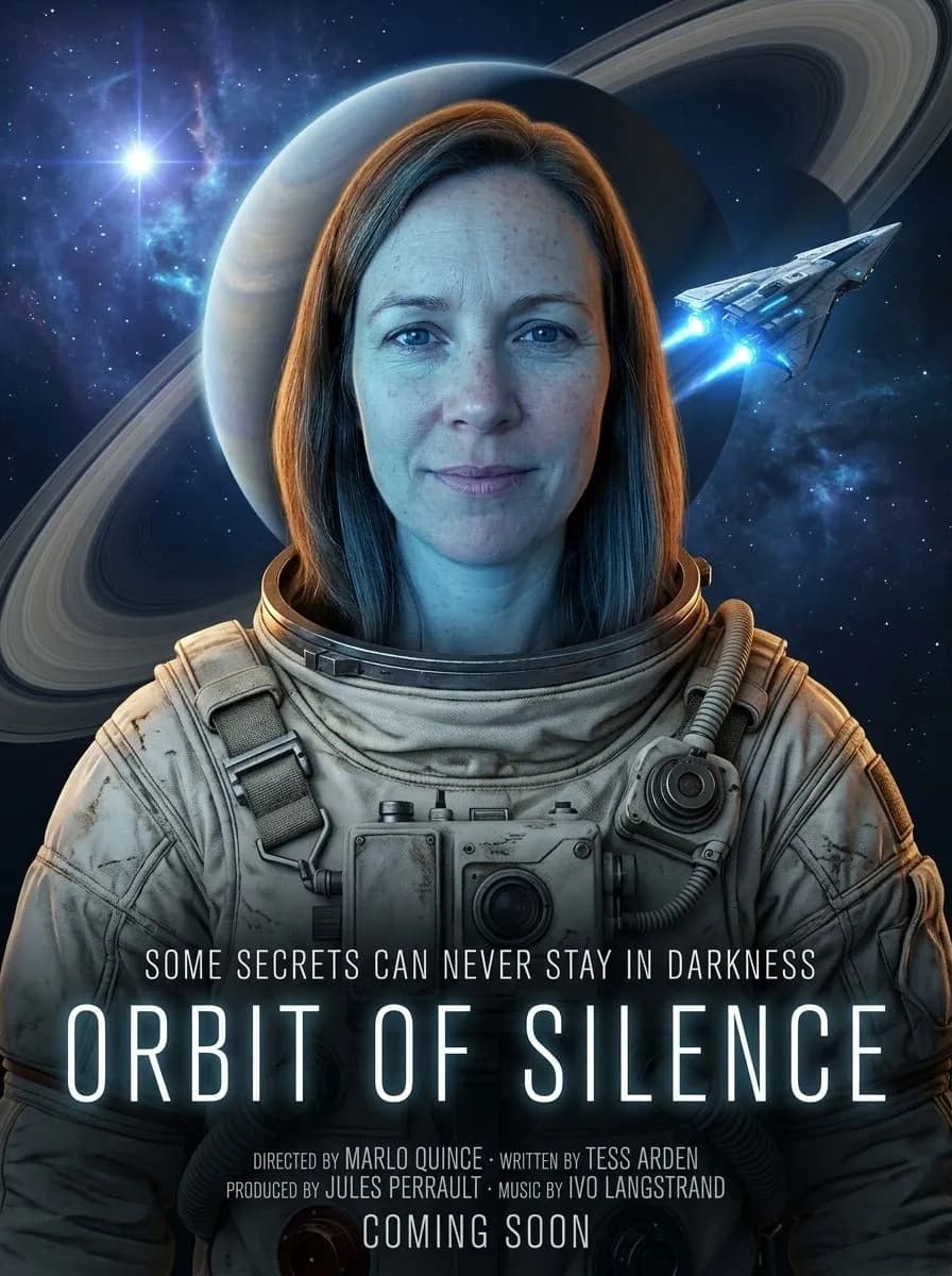 Space sci-fi poster of a woman in a worn off-white spacesuit before a ringed planet and a starship, title Orbit of Silence