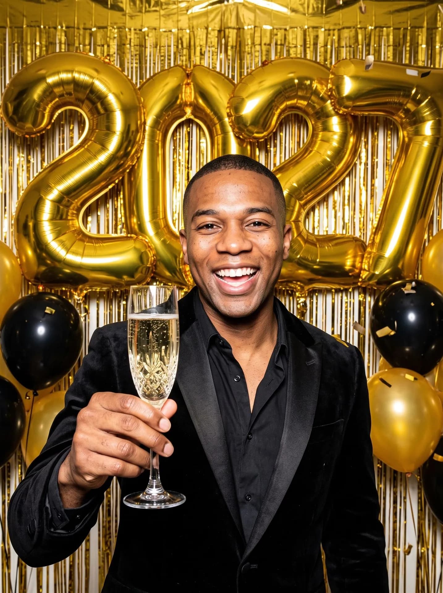 Laughing man in a black velvet tuxedo jacket raising a glass under gold 2027 foil balloons and a gold tinsel curtain