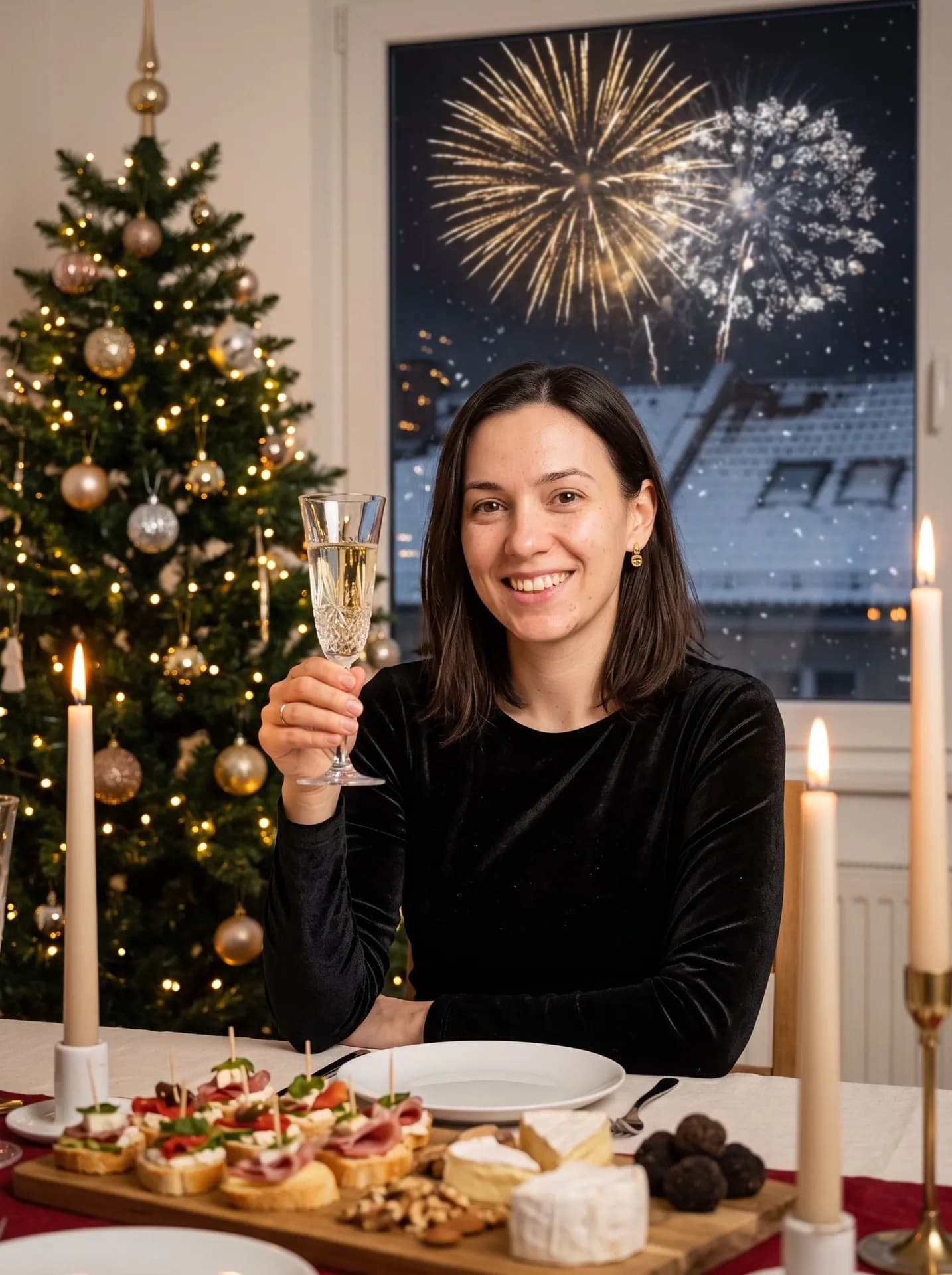 Woman in a black velvet dress raising a champagne flute at a candlelit table by a Christmas tree, fireworks in the window
