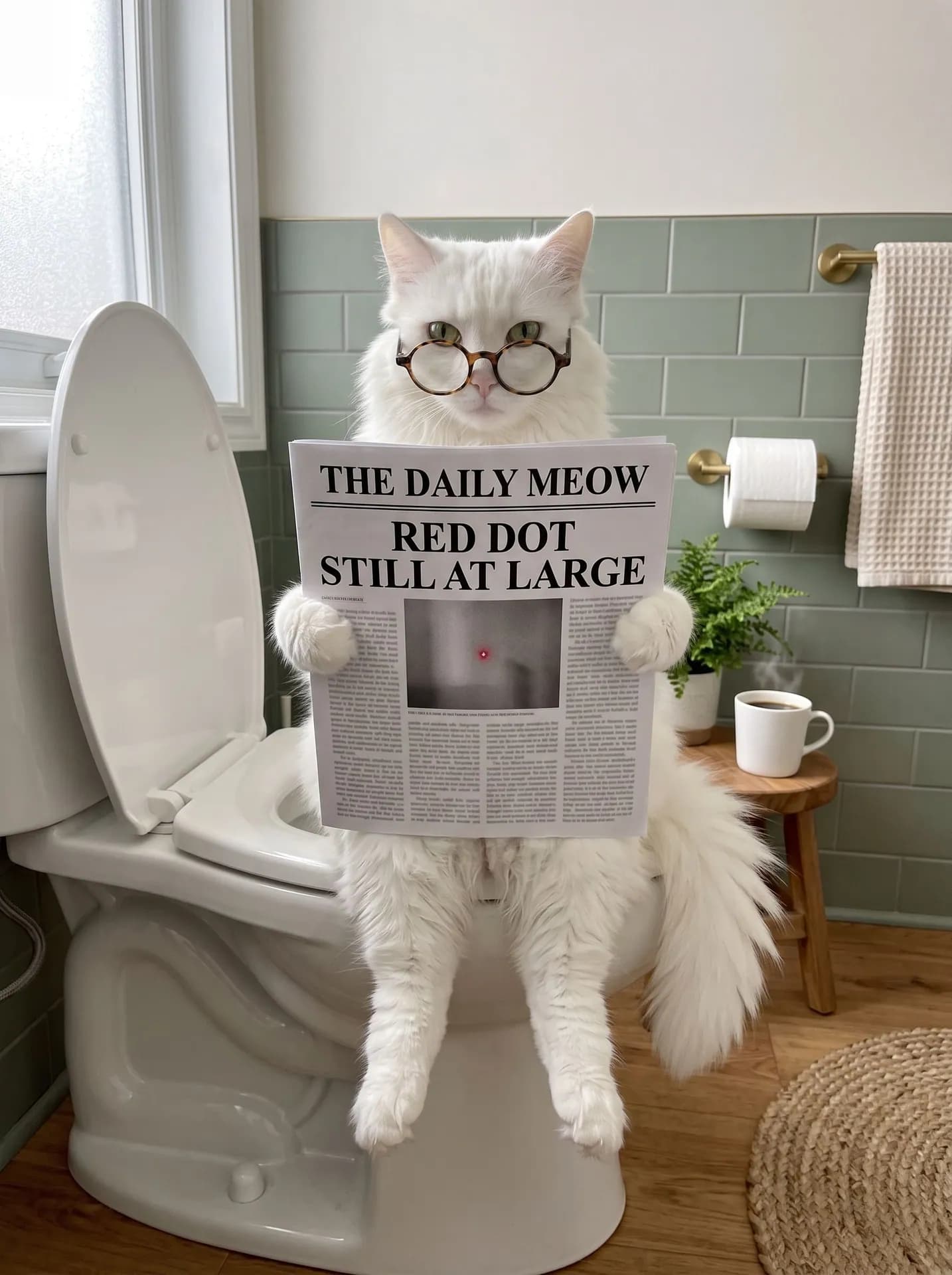 Fluffy white cat in round tortoiseshell glasses on a toilet, hind legs dangling, reading THE DAILY MEOW