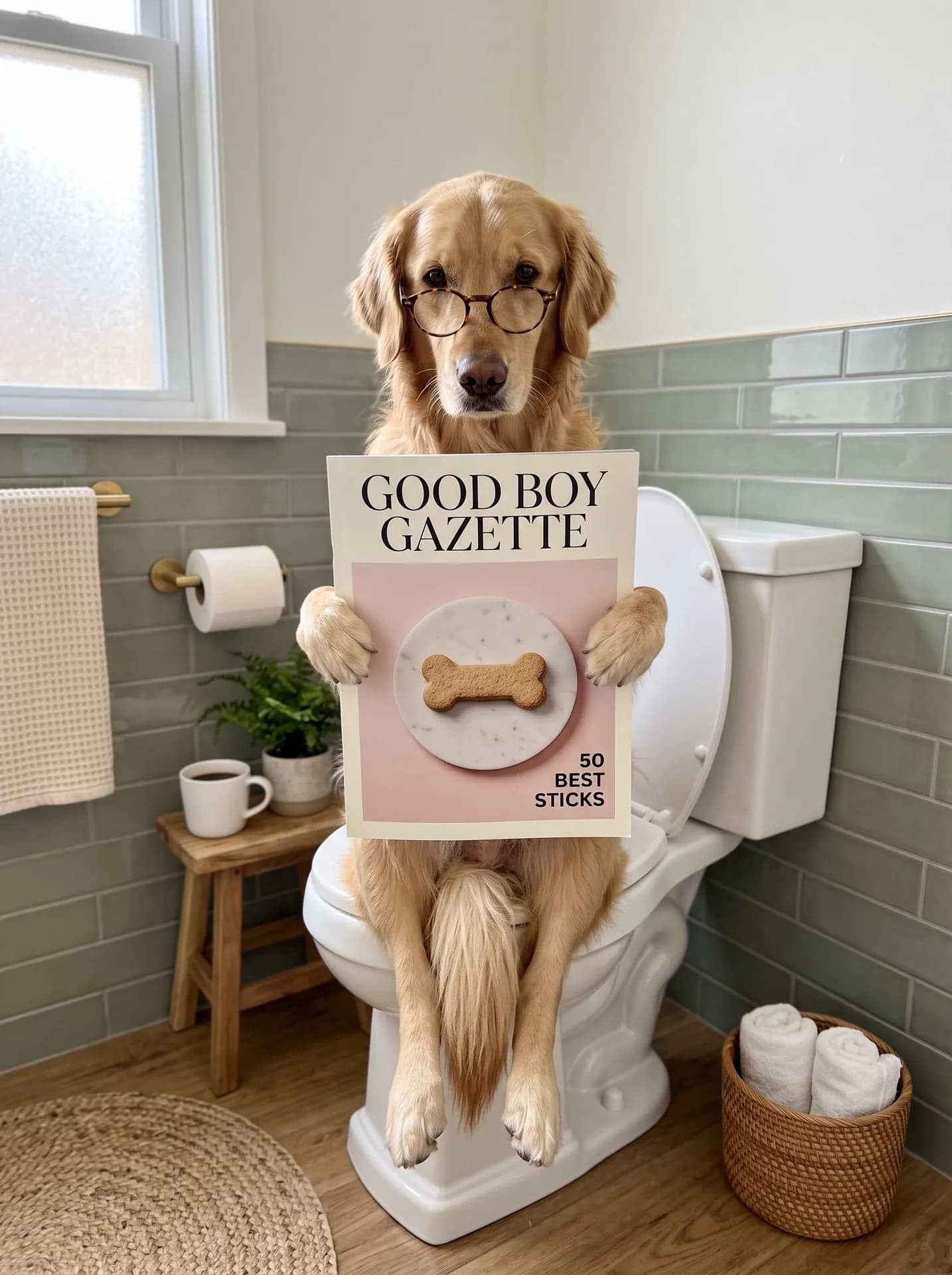 Golden retriever in round glasses on a toilet in a sage-tiled bathroom, holding a glossy dog magazine with a bone biscuit