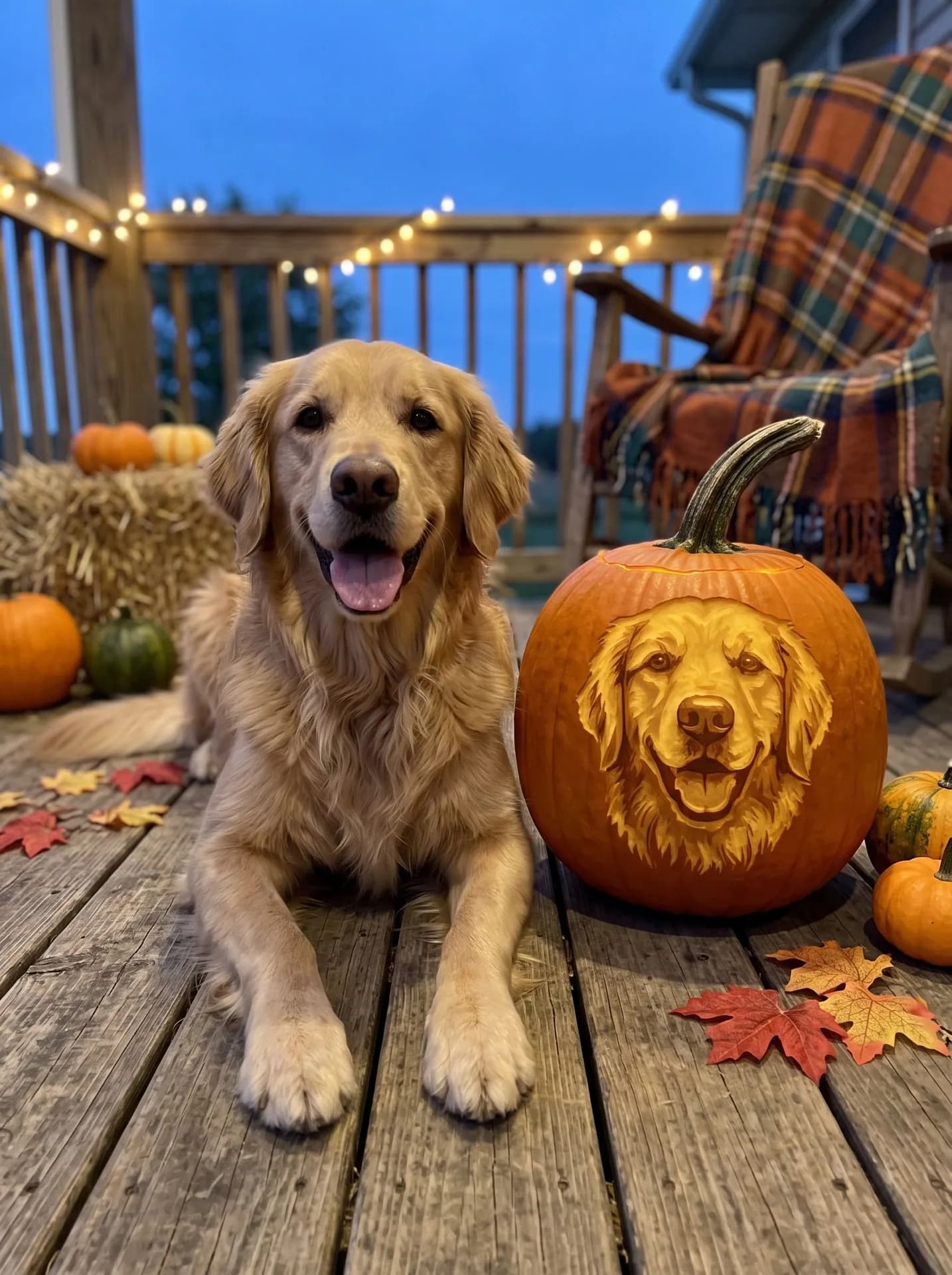 Golden retriever lying on porch boards beside an orange pumpkin carved with its own smiling face, glowing gold at dusk