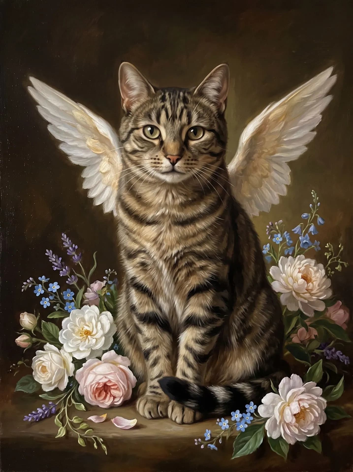 Oil painting of a brown tabby cat with white feathered wings, sitting among roses, peonies and forget-me-nots