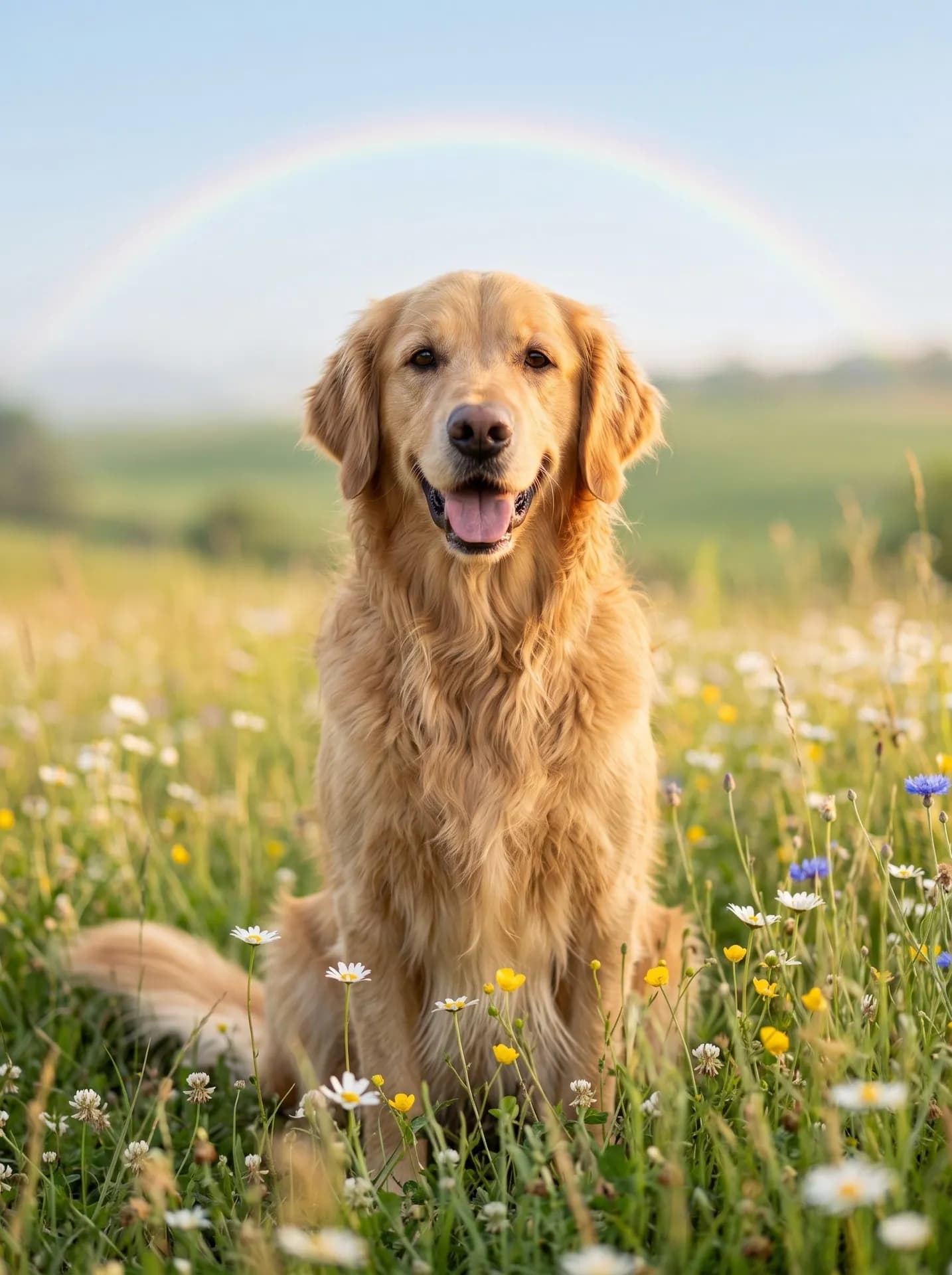 Golden retriever sitting in a wildflower meadow with daisies and buttercups, a faint rainbow in the sky behind