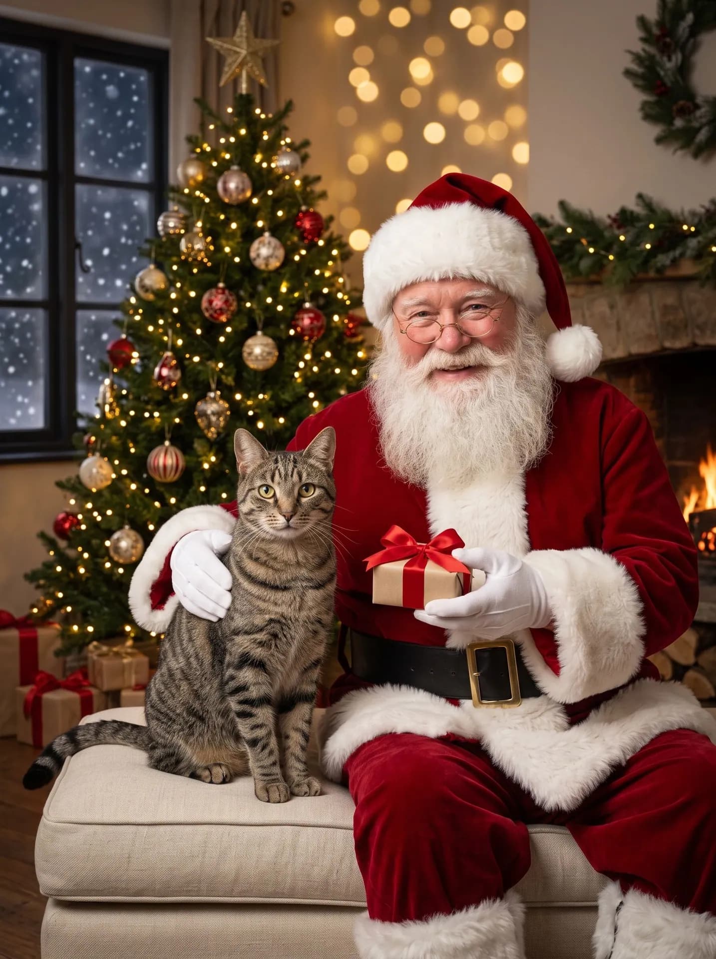 Brown tabby cat on a cream loveseat beside Santa, who holds out a small wrapped gift, a lit tree and fireplace behind