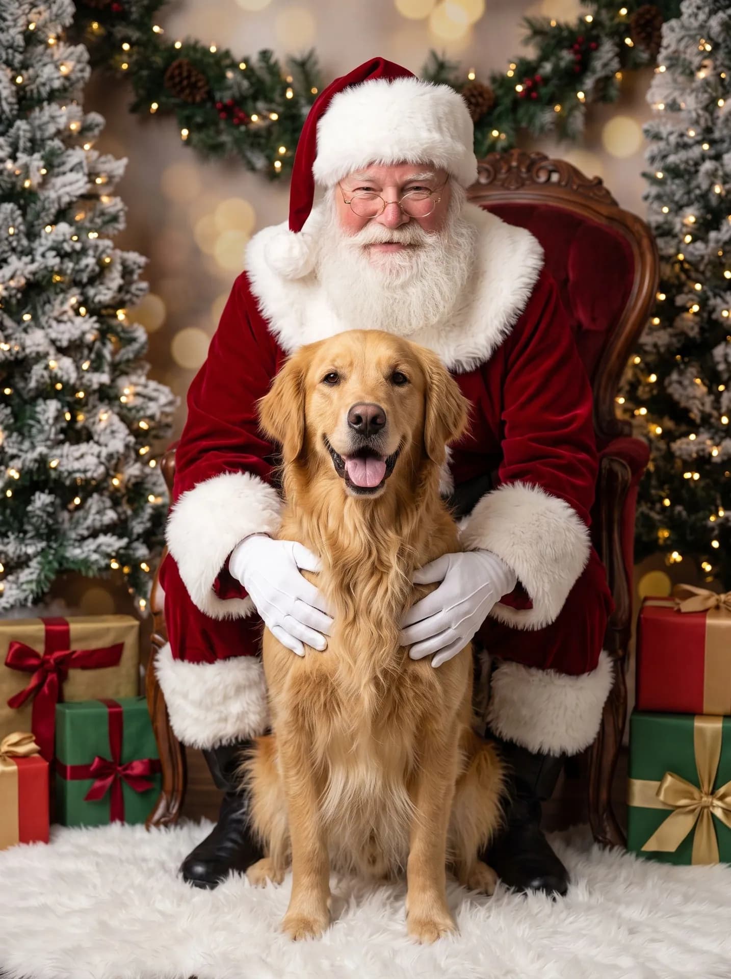 Golden retriever on a white fur rug between Santa's knees, his gloved hands on its chest, fir trees and fairy lights behind
