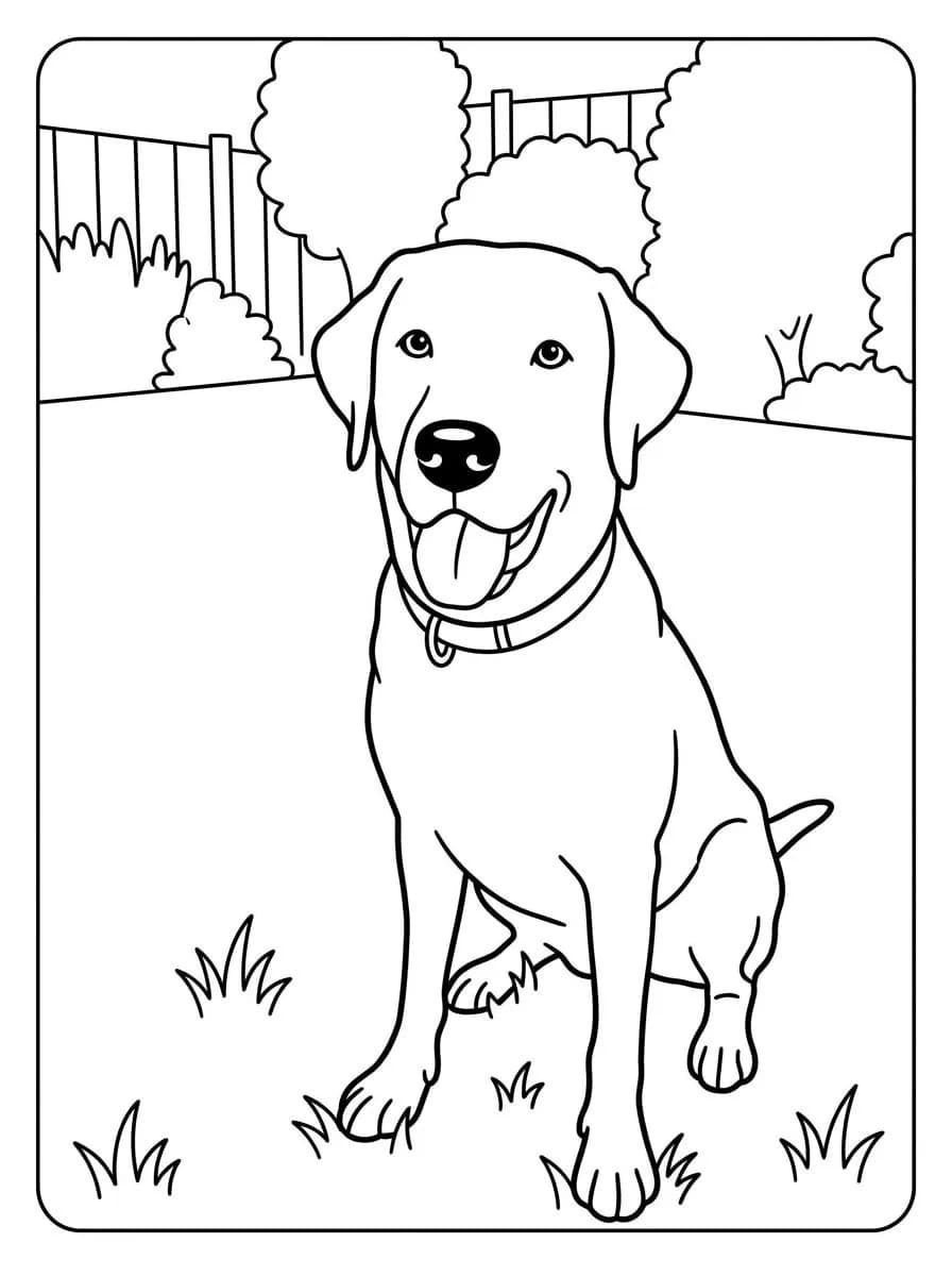 Black-and-white coloring page of a Labrador sitting on grass with its tongue out and a collar, fence and bushes behind