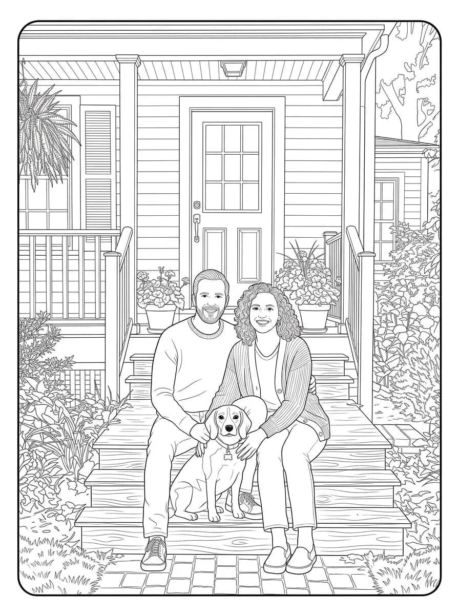 Fine-line coloring page of a couple and a beagle on porch steps, with the door, shutters, hanging fern and flower pots