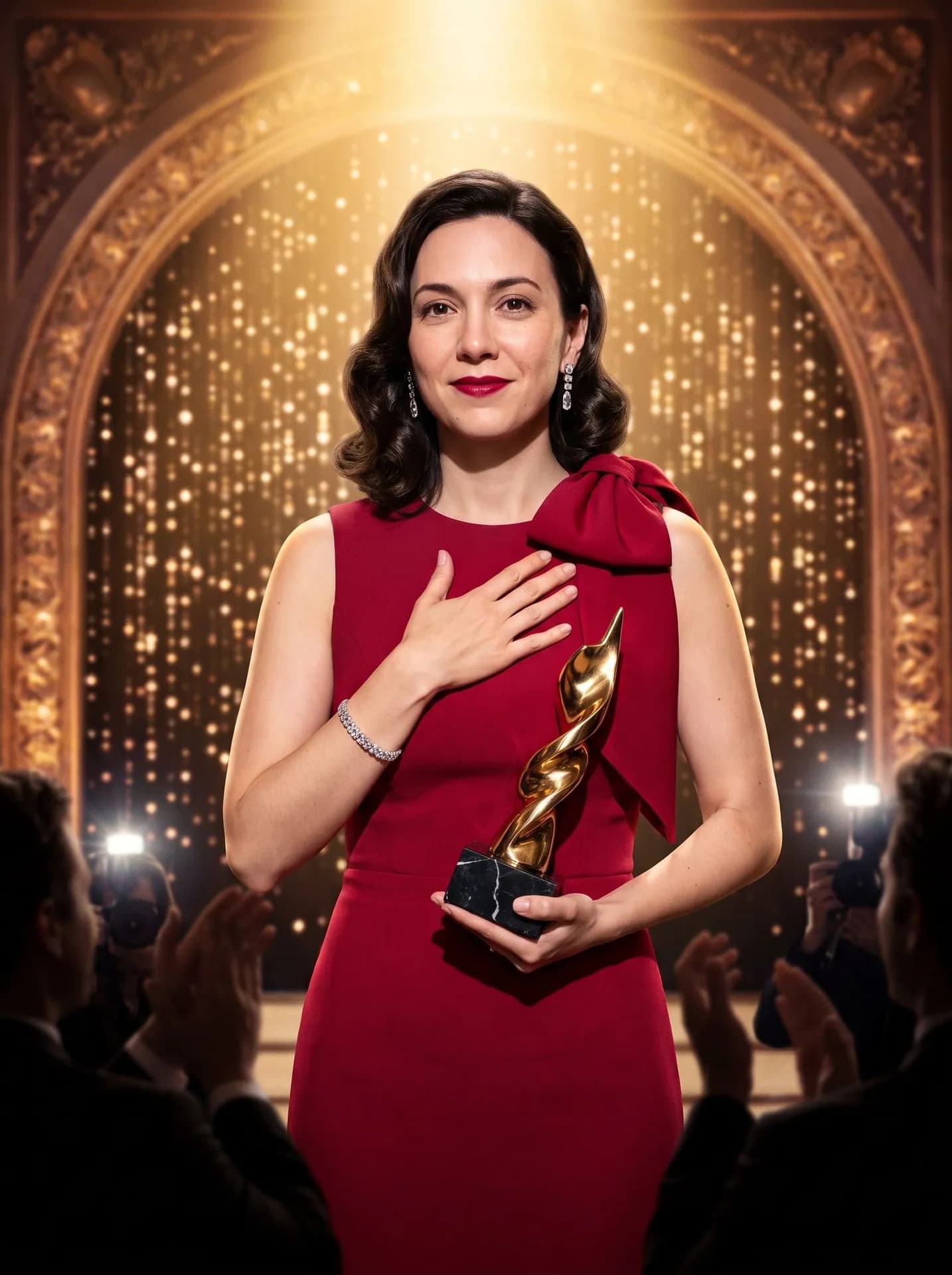 Woman with dark waved hair in a sleeveless ruby gown with a shoulder bow, holding an abstract gold award on a stage