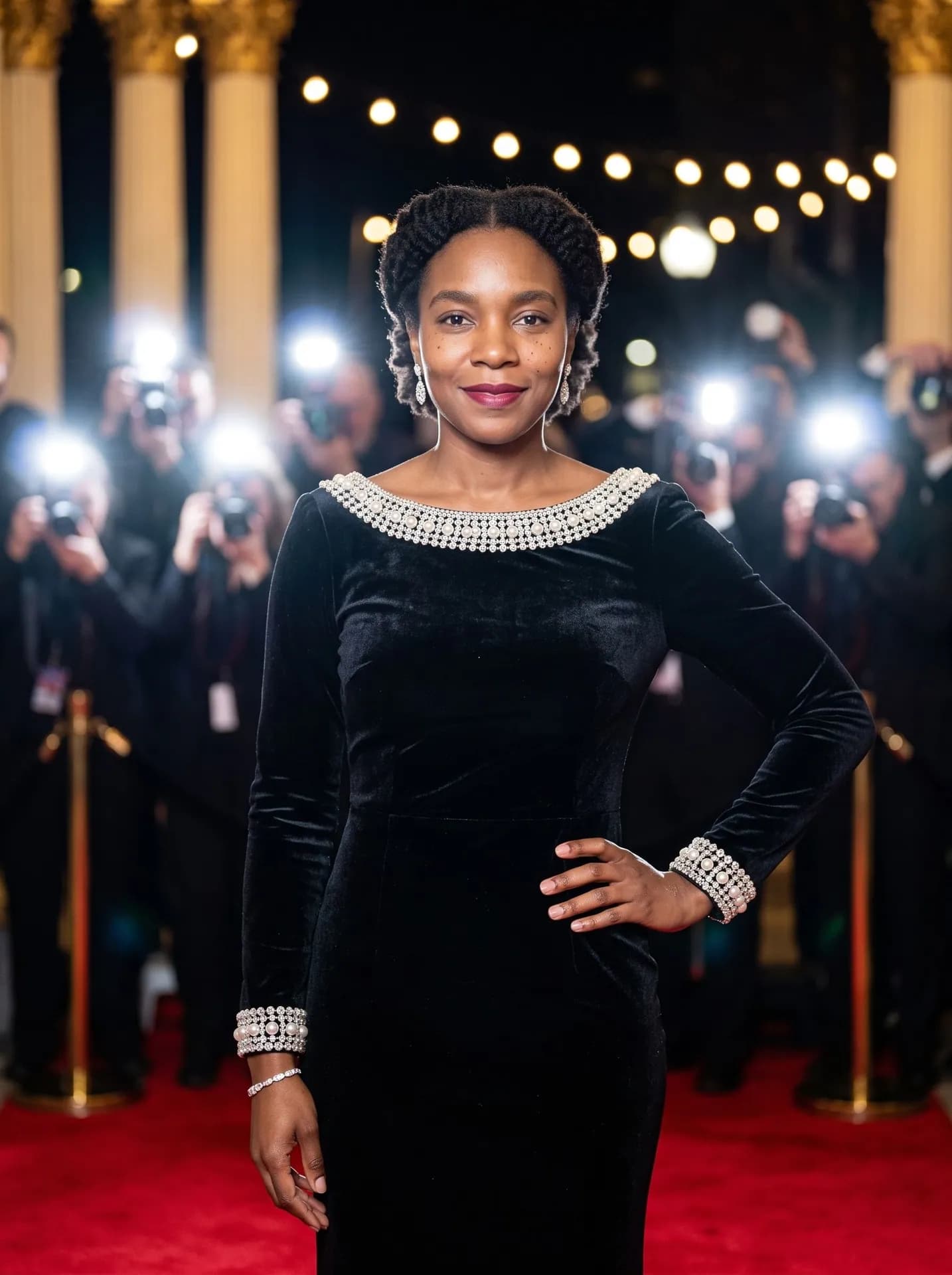 Woman with pulled-back coily hair in a black velvet gown with a crystal neckline, hand on hip, camera flashes behind