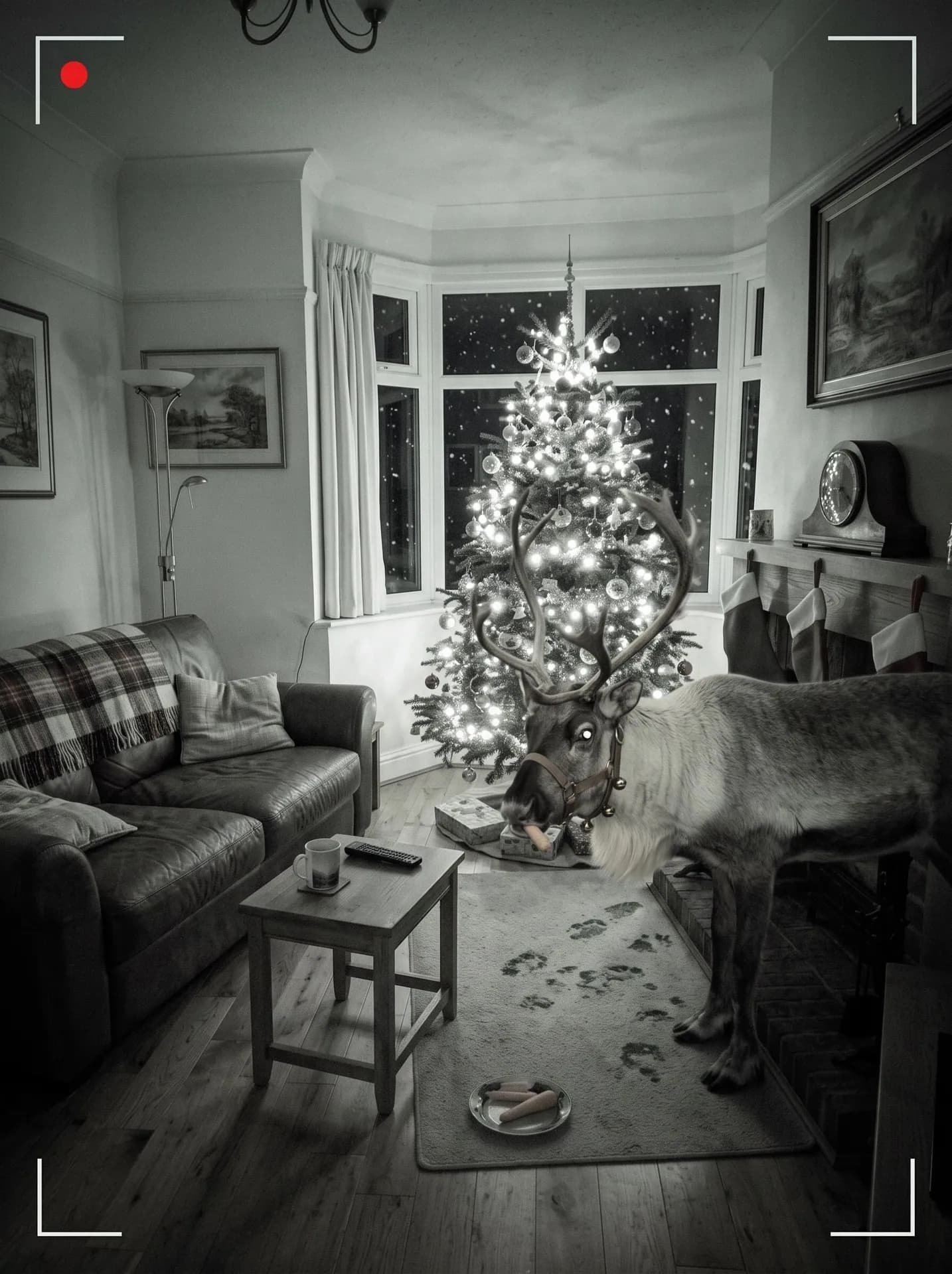 Black-and-white night-vision frame of the same living room, a reindeer eating carrots by the glowing tree
