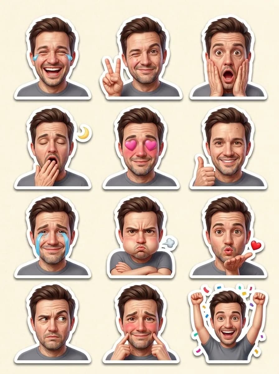 Twelve glossy 3D stickers of a man with short brown hair and stubble in a gray tee on a cream backing, each a new reaction