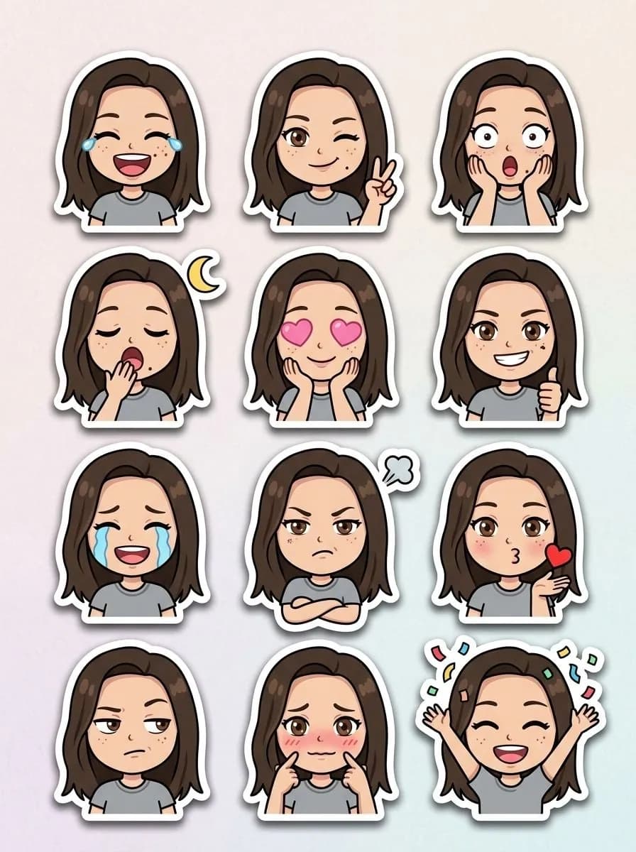 Twelve chibi stickers of a woman with shoulder-length brown hair and freckles in a gray tee, each with a different reaction