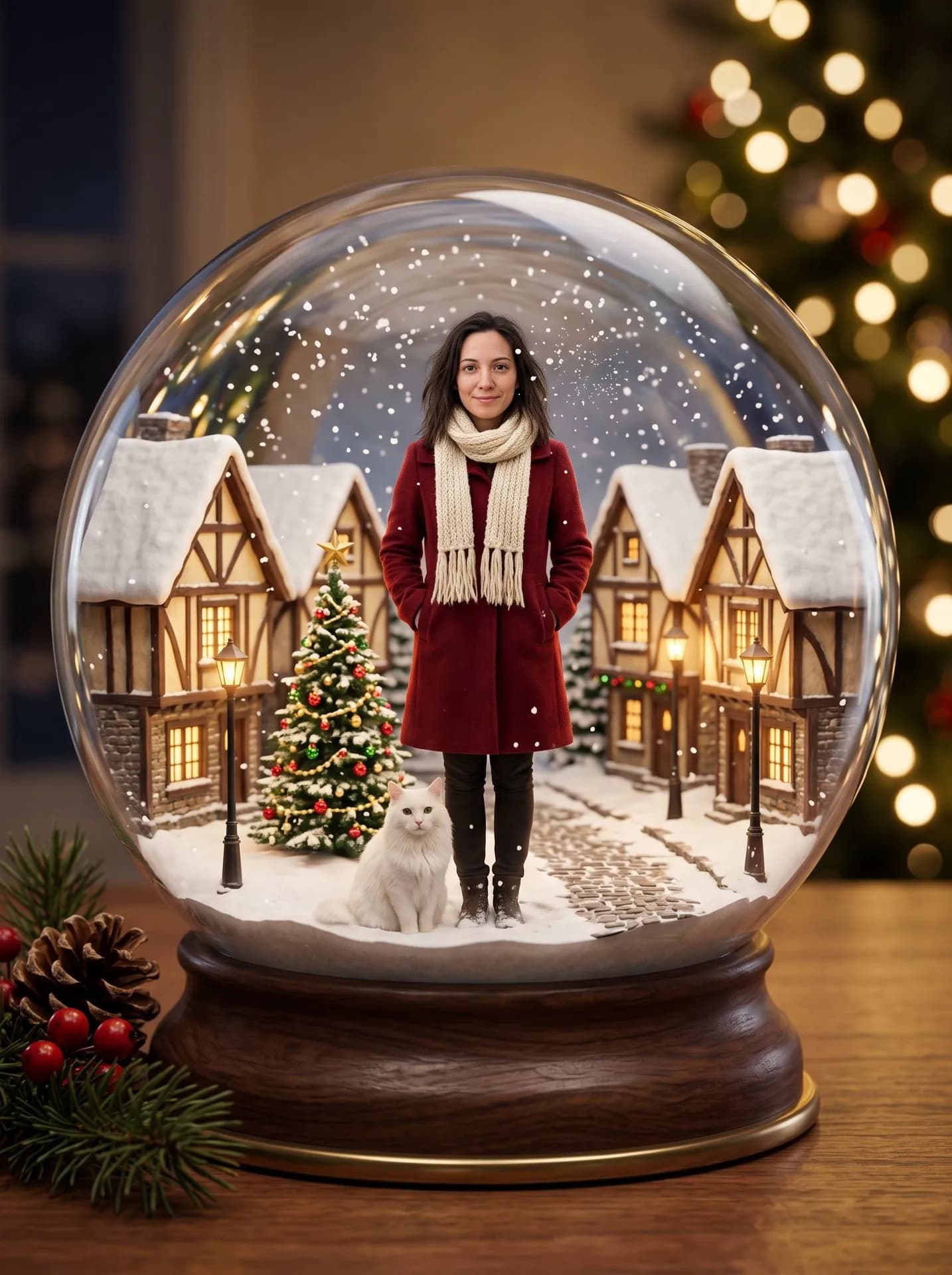 Snow globe with a tiny woman in a burgundy coat and a white cat at her feet in a snowy timber-frame Christmas village