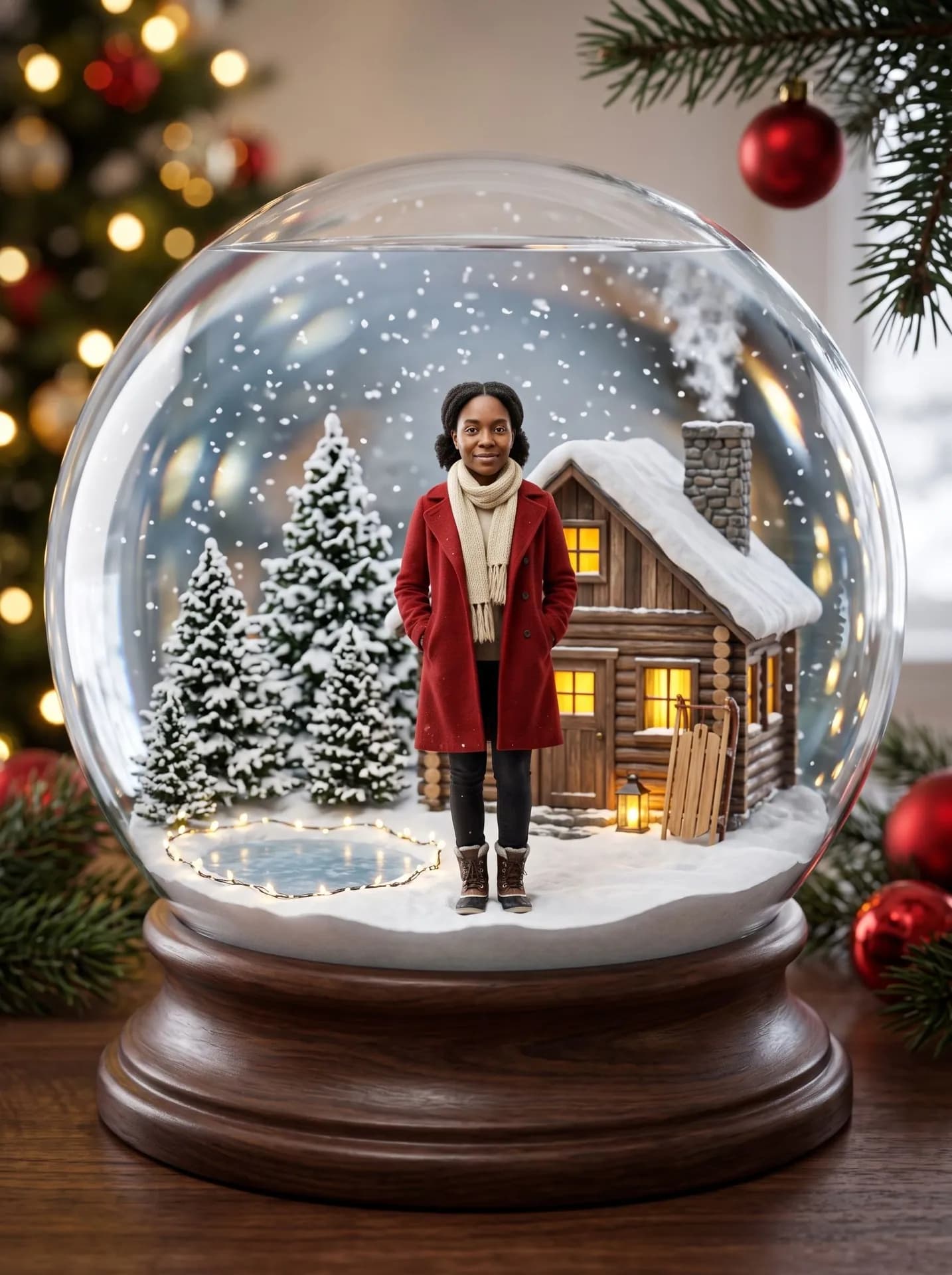 Snow globe on a walnut base: a tiny woman in a red coat and cream scarf before a snowy log cabin and a frozen pond