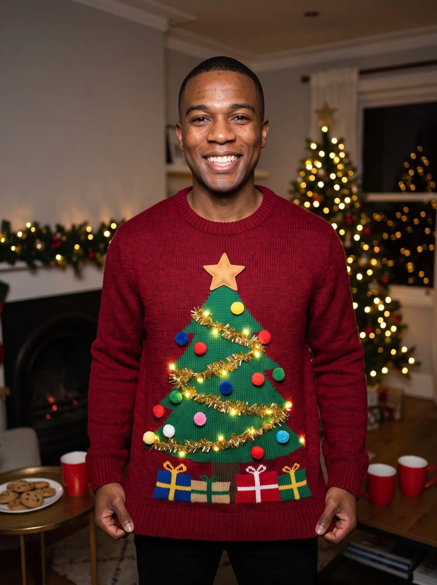 Smiling man in a deep red knit sweater with a green Christmas tree, gold tinsel, pom-poms and tiny glowing lights