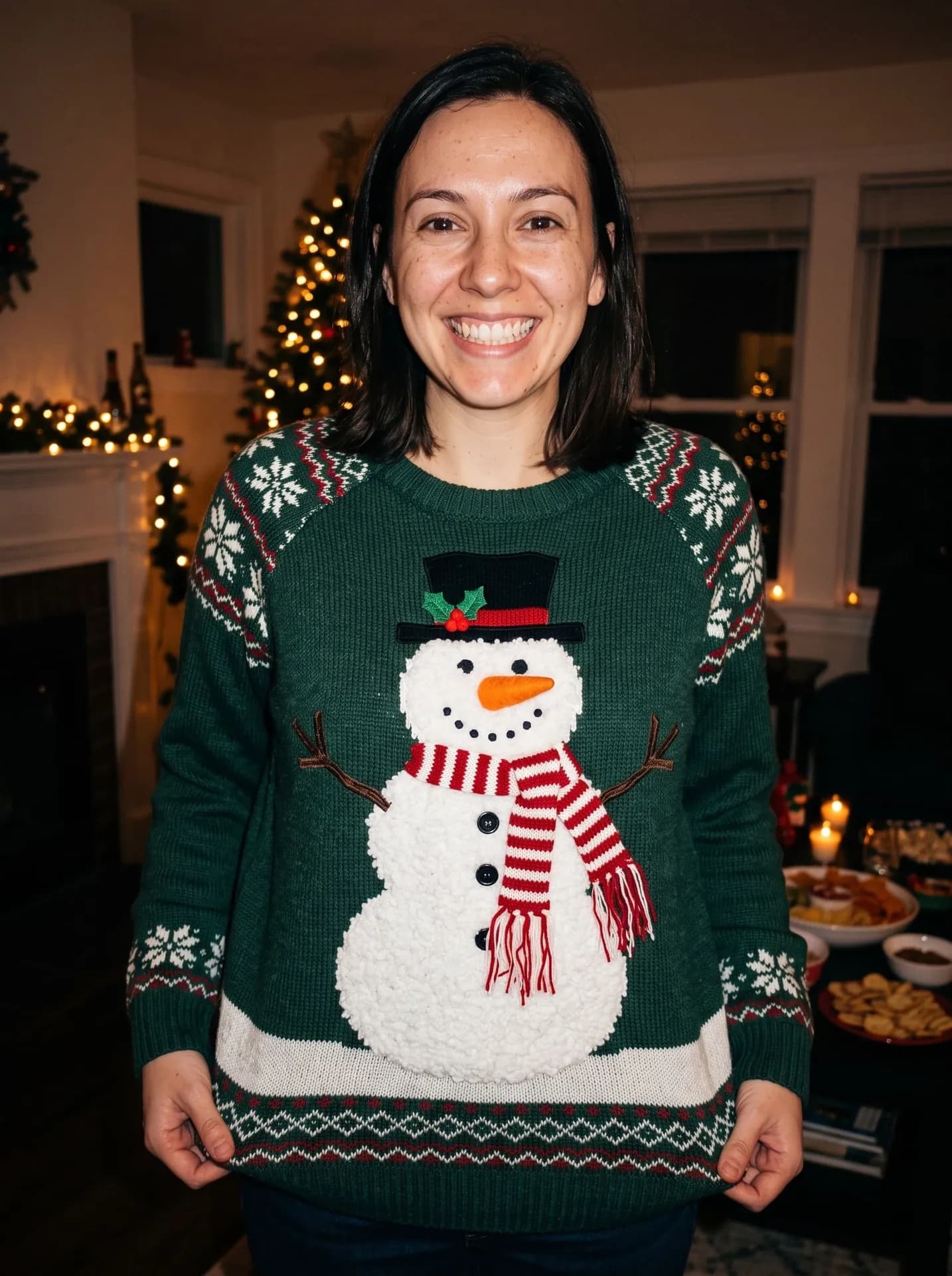 Woman grinning in a green knit sweater with a fluffy white snowman, a felt carrot nose and a fringed striped scarf