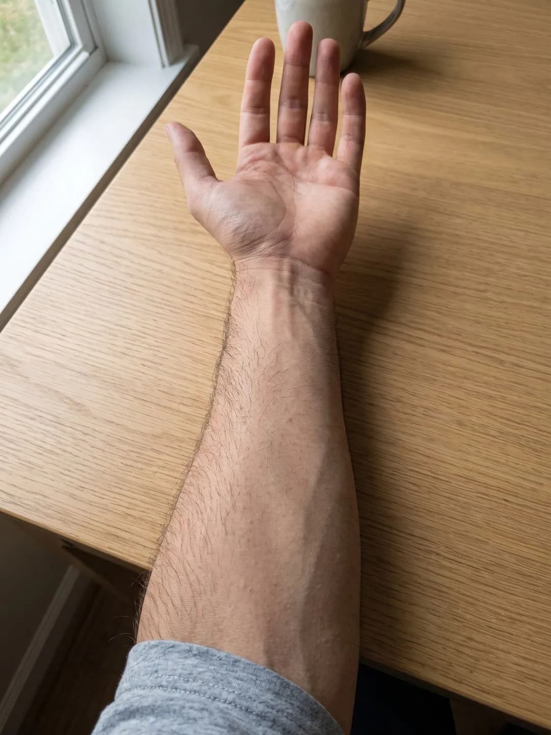 AI-generated sample input: a man's bare inner forearm with light olive skin and dark arm hair, palm up on an oak table by a window