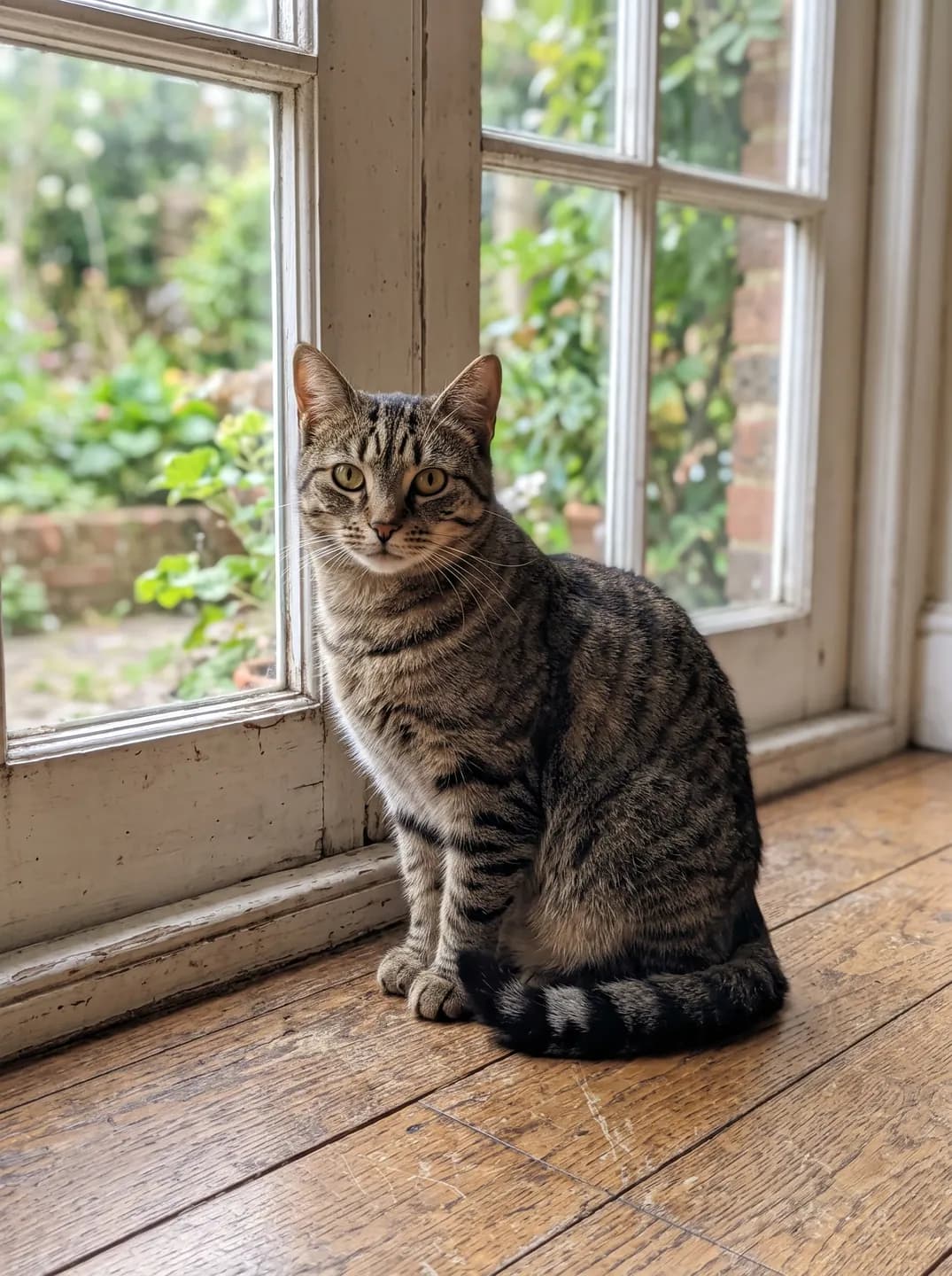 AI-generated sample input: brown striped tabby cat sitting on a wooden floor by a window