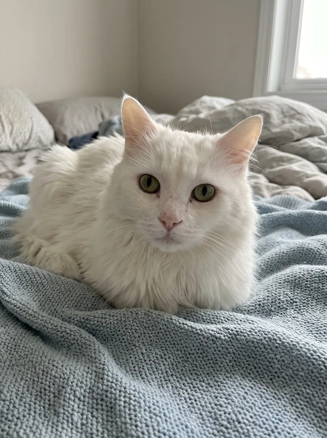 AI-generated sample input: fluffy white cat with green eyes lying on a light blue blanket