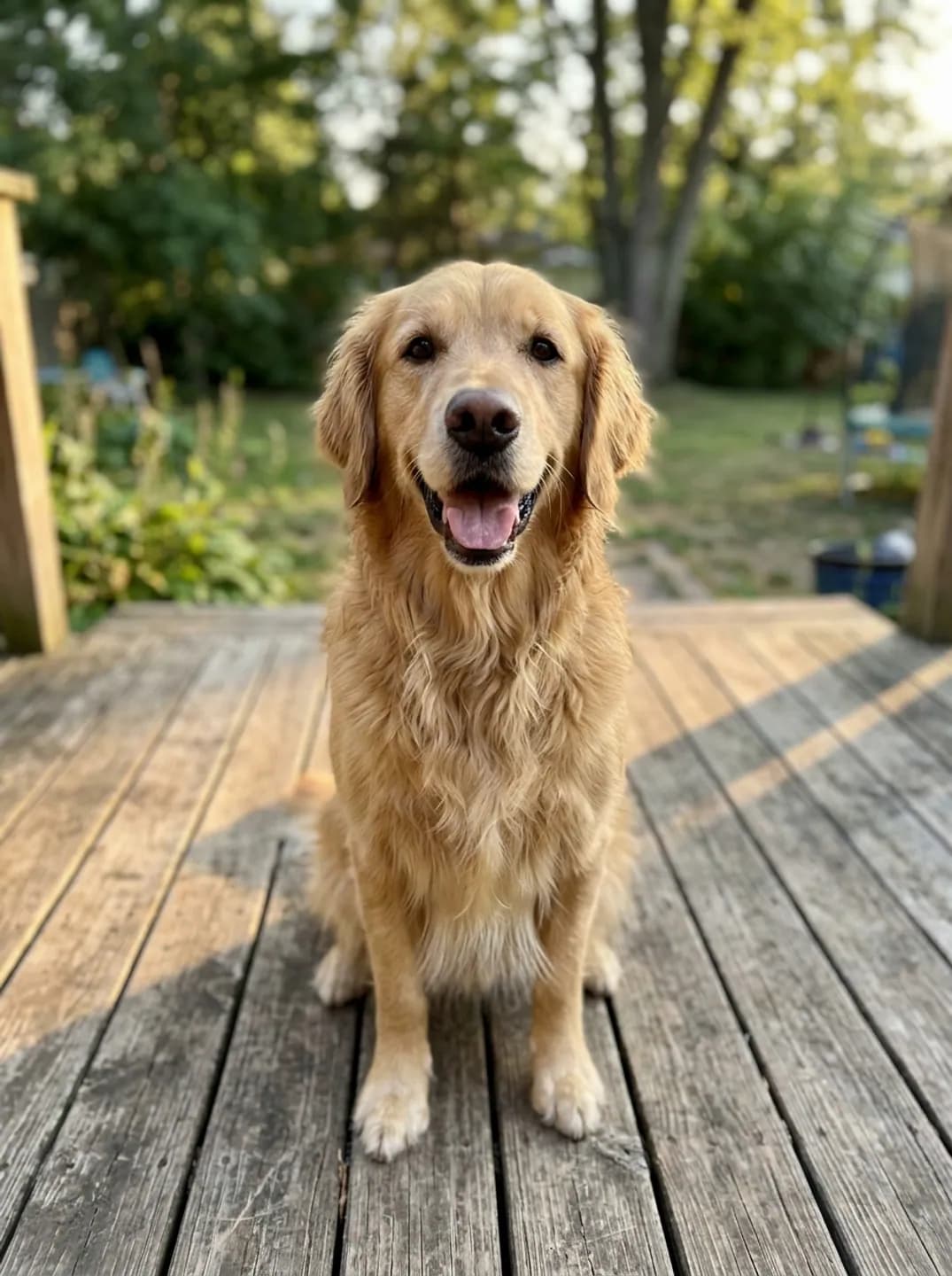 AI-generated sample input: golden retriever sitting on a wooden porch