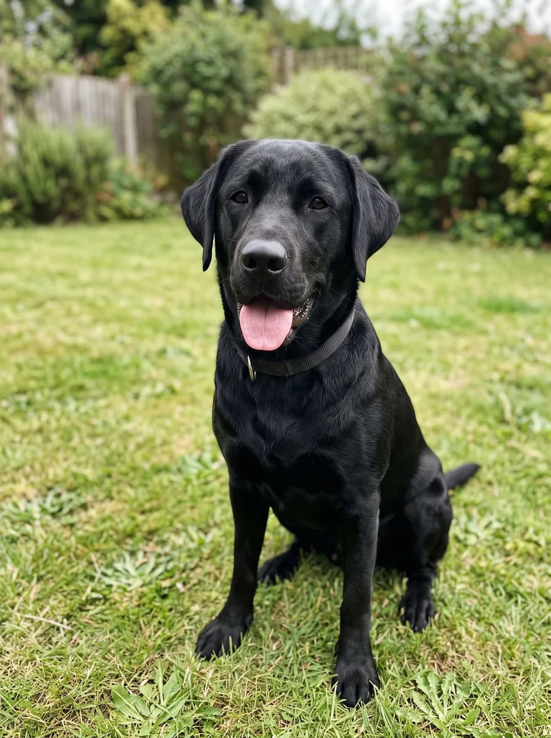 AI-generated sample input: black Labrador retriever sitting on a backyard lawn