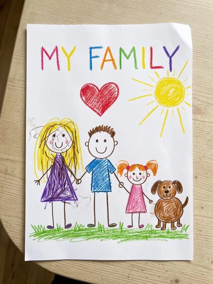 AI-generated sample input: crayon drawing of MY FAMILY: mom, dad, a girl and a dog holding hands under a heart and a sun