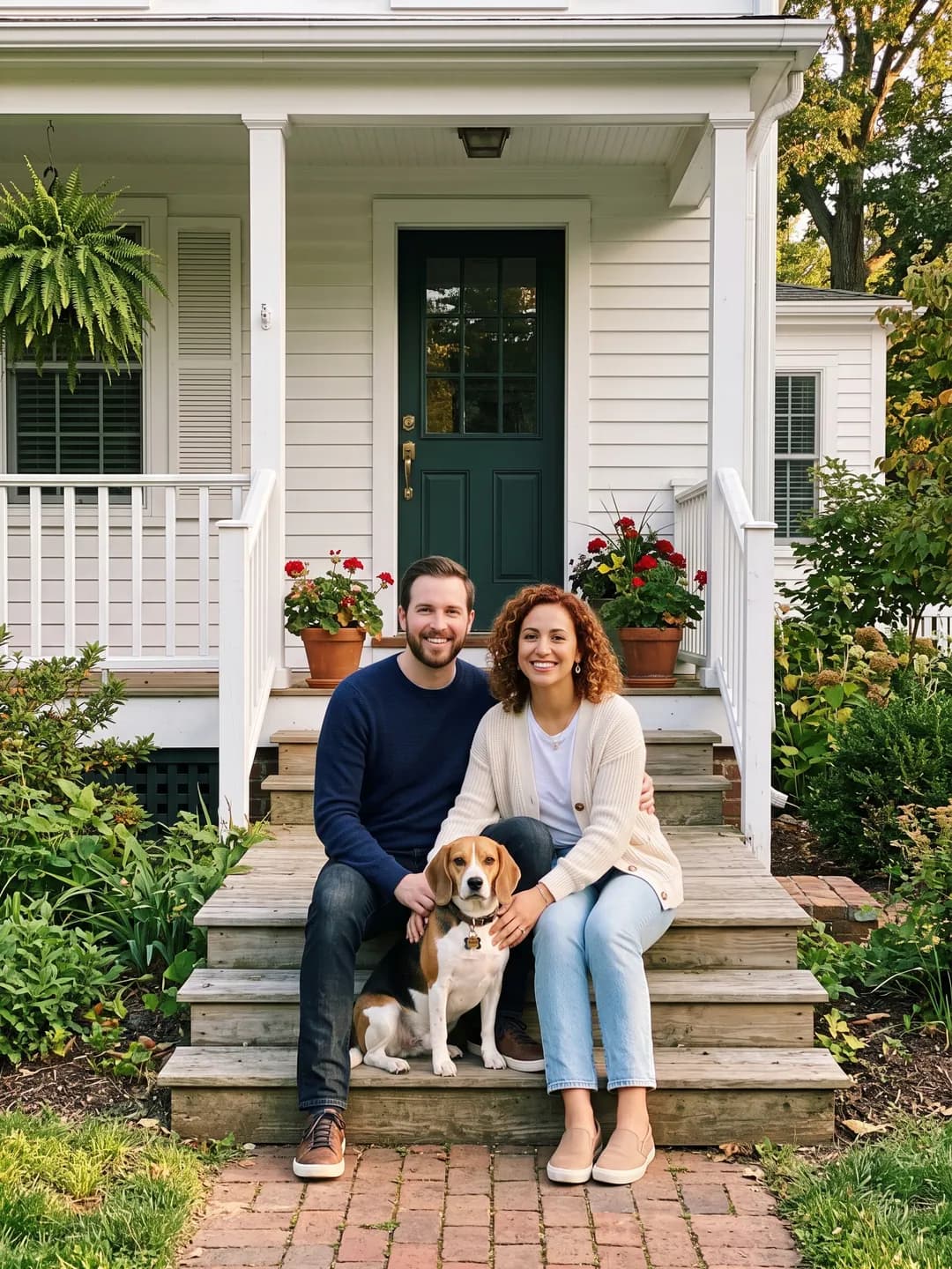 AI-generated sample input: a man and a woman sitting on the front steps of a white house with a beagle between them