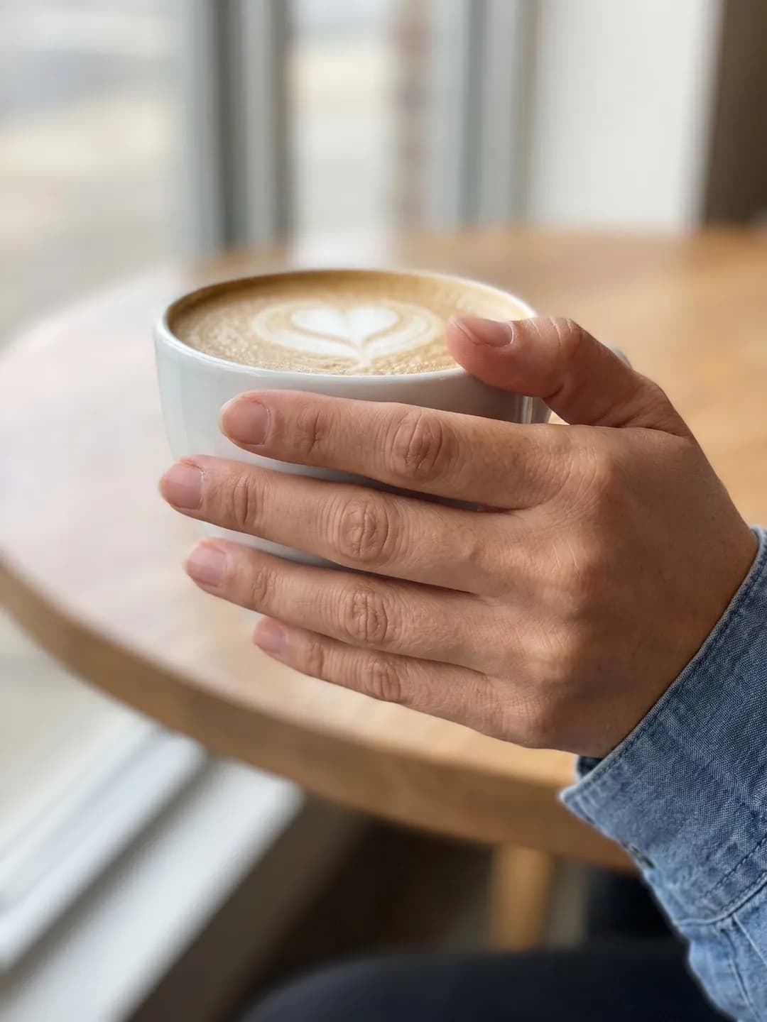 AI-generated sample input: close-up of a woman's hand with short bare nails holding a latte cup on a wooden cafe table, denim sleeve
