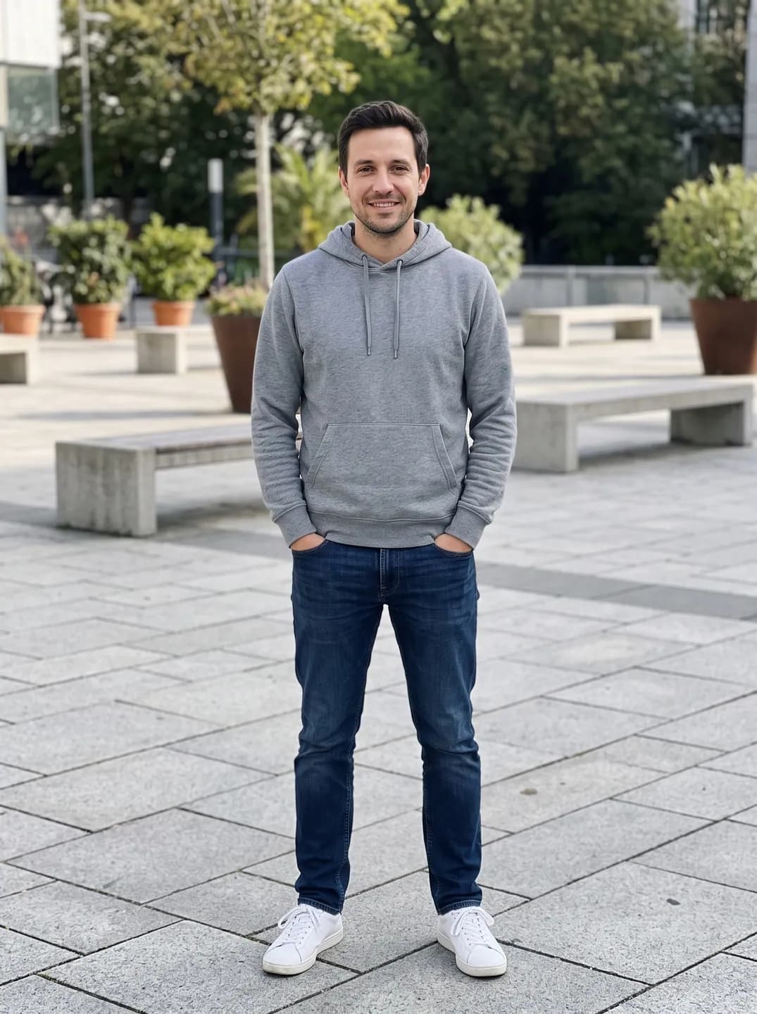 AI-generated sample input: full-length photo of a man in a gray hoodie, jeans and white sneakers on a paved plaza
