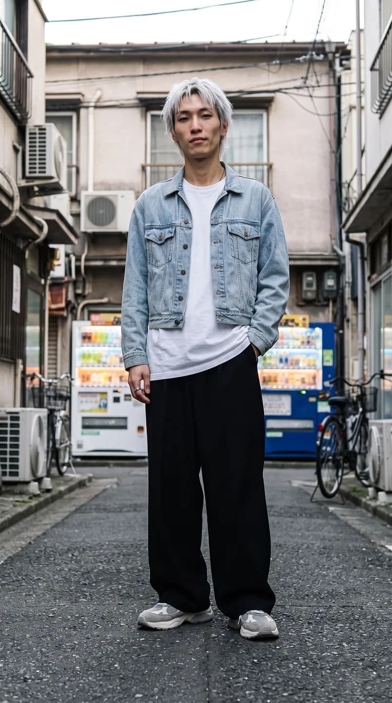 AI-generated sample input: full-length photo of a man in a light denim jacket, long white T-shirt, very wide black trousers and gray sneakers in a Tokyo alley
