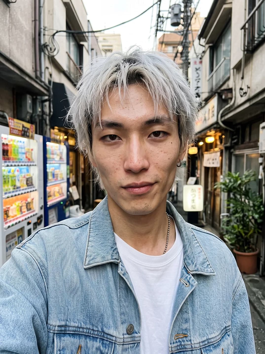 AI-generated sample input: front-facing selfie of a man with shaggy bleached silver hair in a light denim jacket over a white T-shirt in a Tokyo alley with vending machines