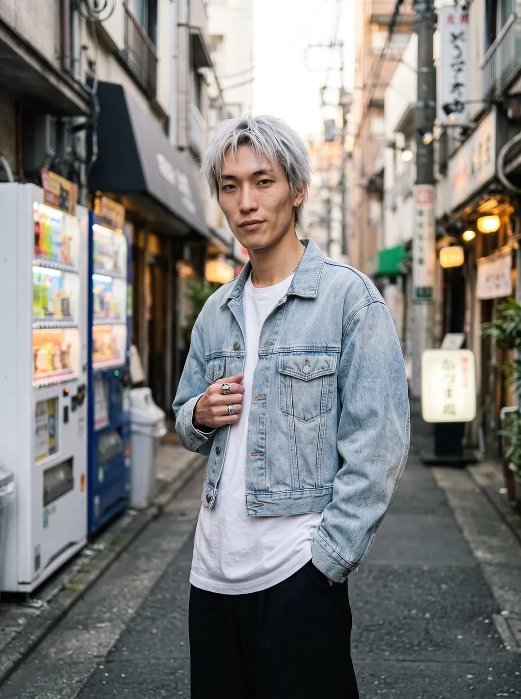 AI-generated sample input: waist-up photo of a man with bleached silver hair in a cropped light denim jacket, long white T-shirt and black trousers in a narrow Tokyo alley