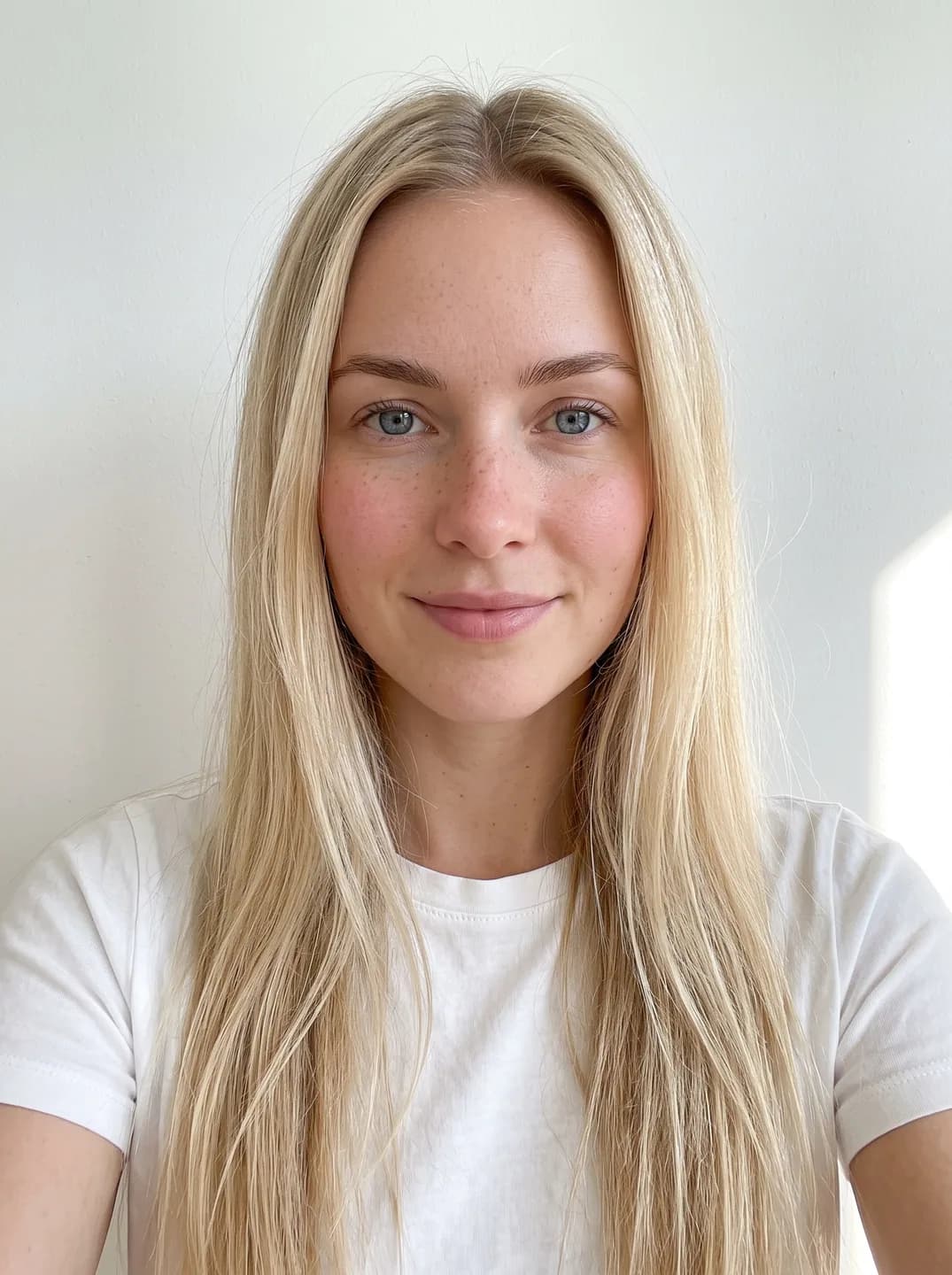 AI-generated sample input: front-facing selfie of a woman with long straight blonde hair and blue eyes in a white T-shirt against a white wall