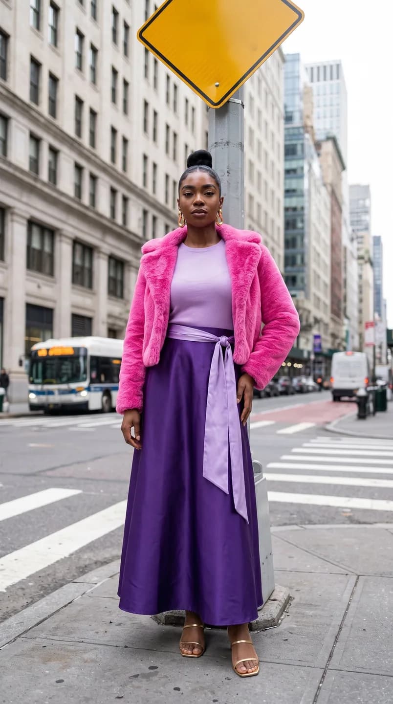 AI-generated sample input: full-length photo of a woman in a hot pink faux fur coat, a purple satin maxi skirt with a lilac sash and gold sandals at a city crosswalk
