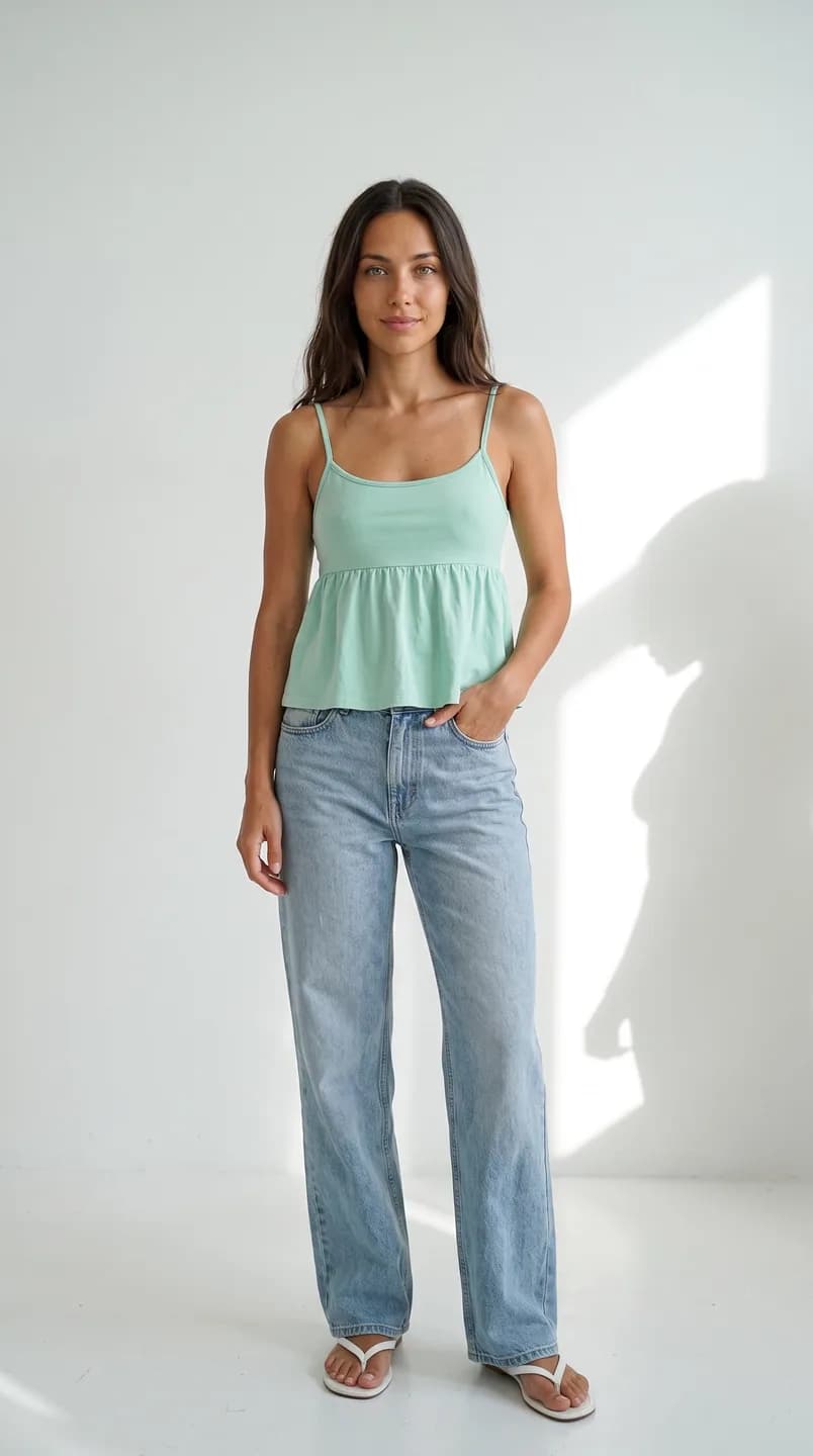 AI-generated sample input: full-length photo of a woman in a mint babydoll camisole, light wide-leg jeans and white flip-flops against a sunlit white wall