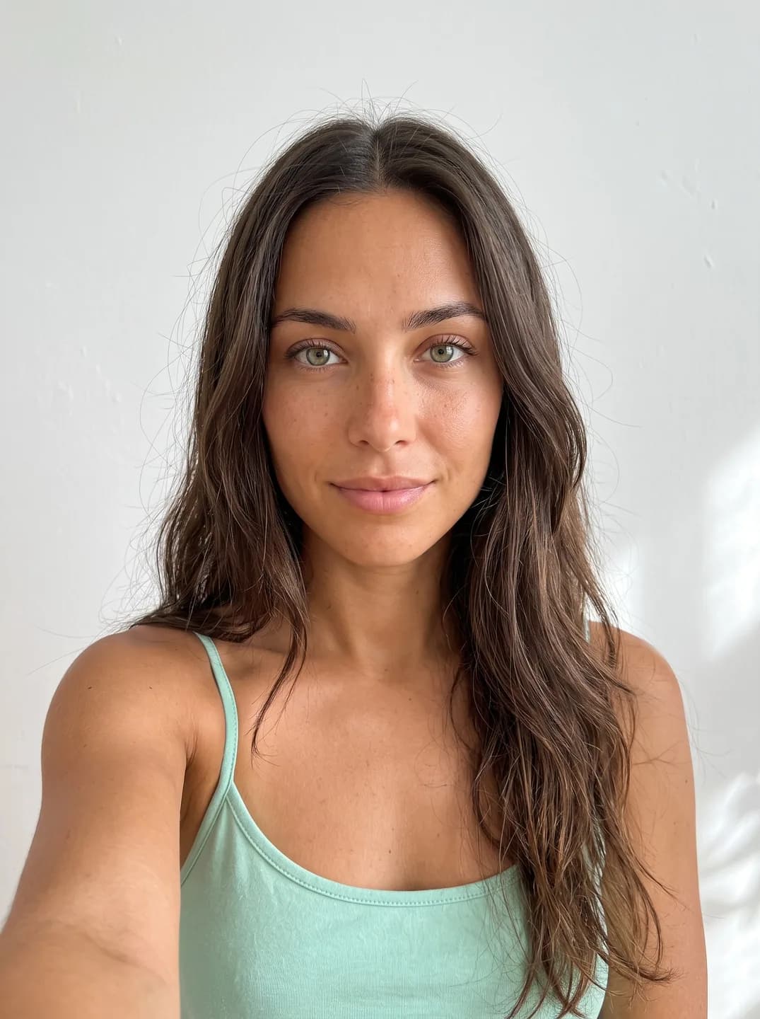 AI-generated sample input: front-facing selfie of a woman with long wavy dark brown hair and green eyes in a mint camisole against a white wall