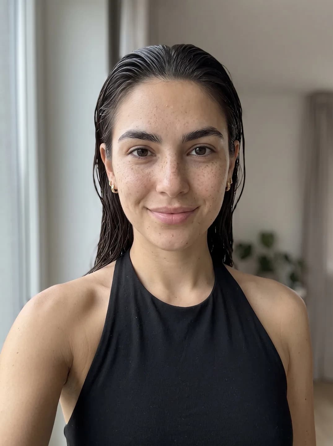 AI-generated sample input: front-facing selfie of a woman with wet slicked-back dark hair and freckles in a black halter top by a window