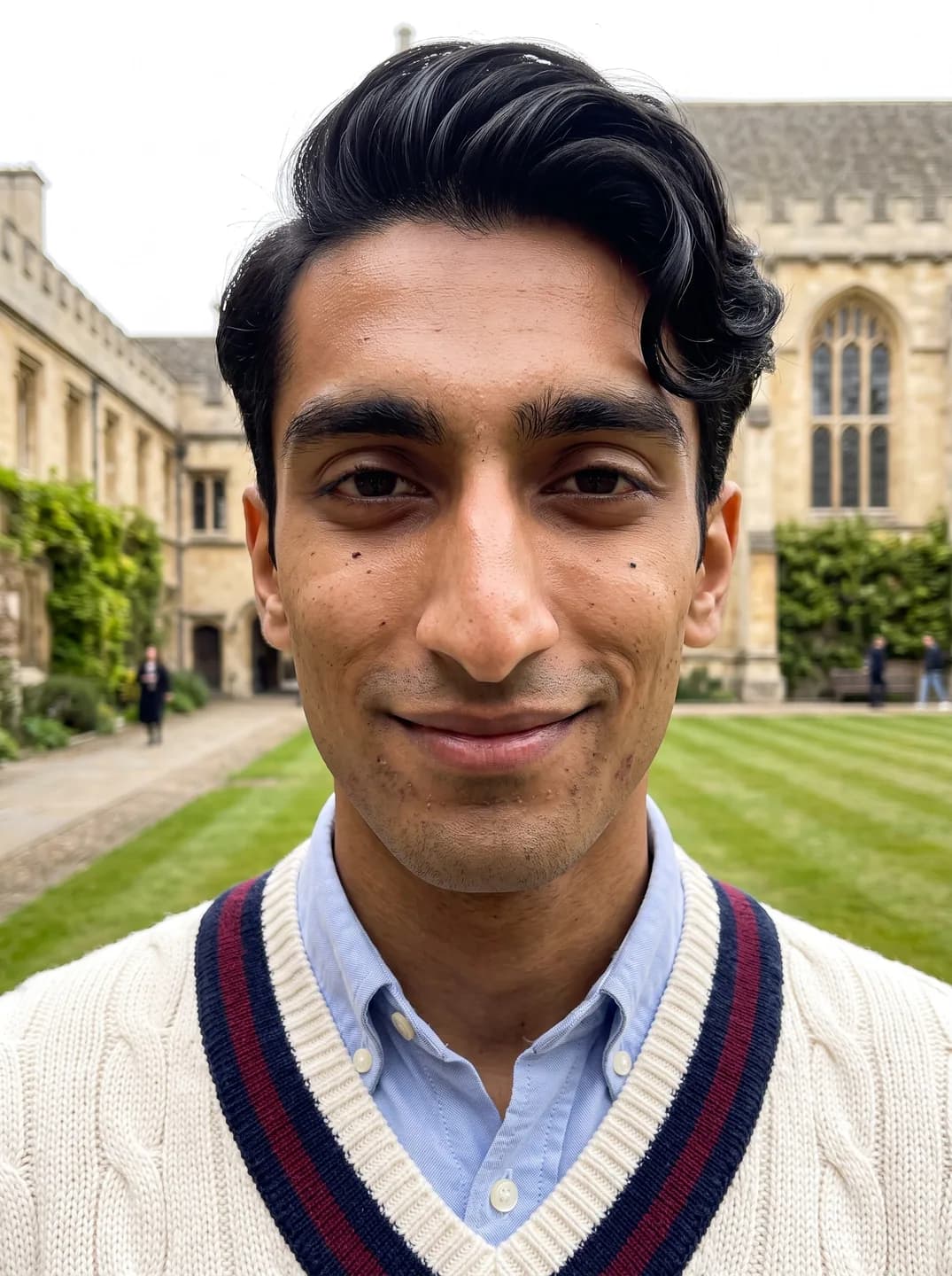AI-generated sample input: front-facing selfie of a man with wavy black hair in a cream cricket sweater over a light blue oxford shirt in a college courtyard