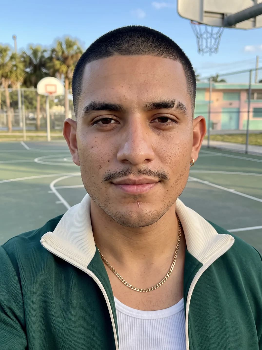 AI-generated sample input: front-facing selfie of a man with a buzz cut, a thin mustache and a gold chain in a green and cream track jacket on a basketball court
