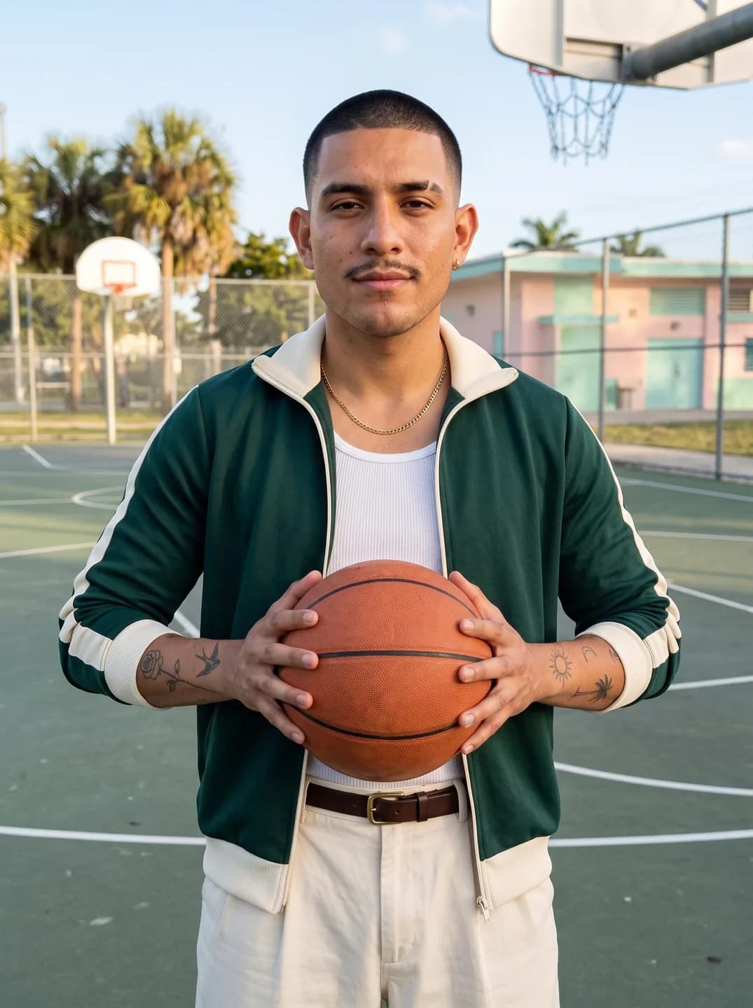 AI-generated sample input: waist-up photo of a man with a buzz cut and mustache in a green track jacket and white tank top, holding a basketball on an outdoor court