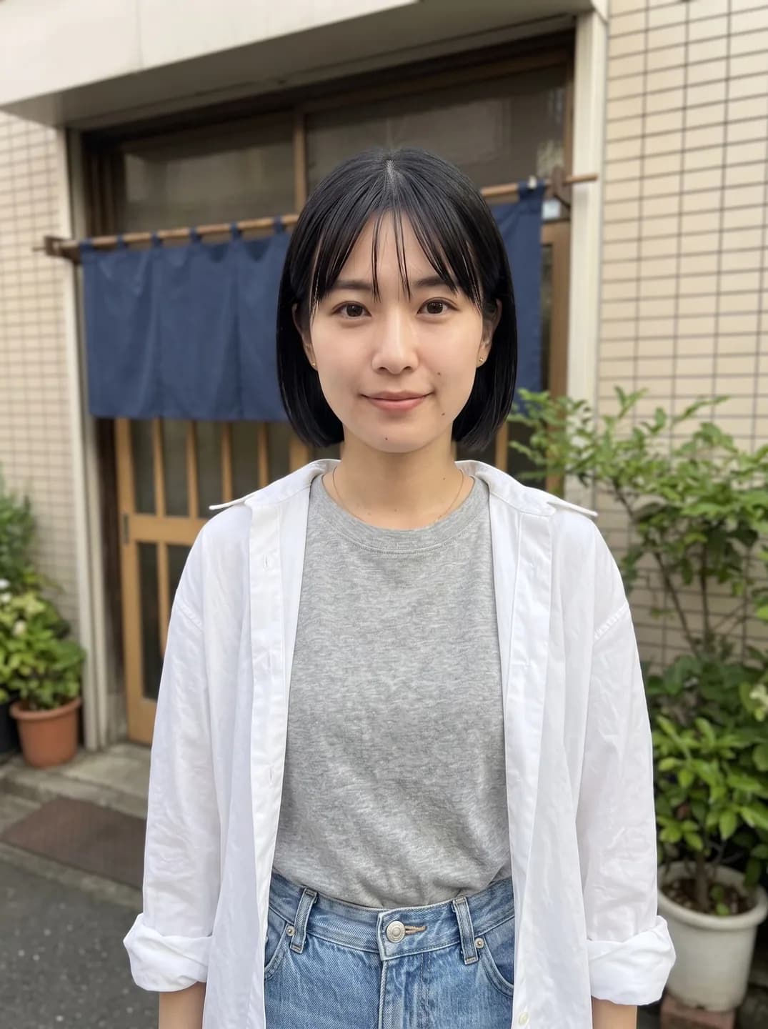 AI-generated sample input: waist-up photo of a woman with a black bob and bangs in an open white shirt, gray T-shirt and jeans in front of a shop with a blue cloth curtain