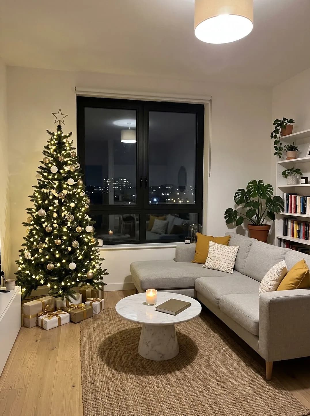 AI-generated sample input: modern living room in the evening with a lit tree, a grey corner sofa and a round marble table