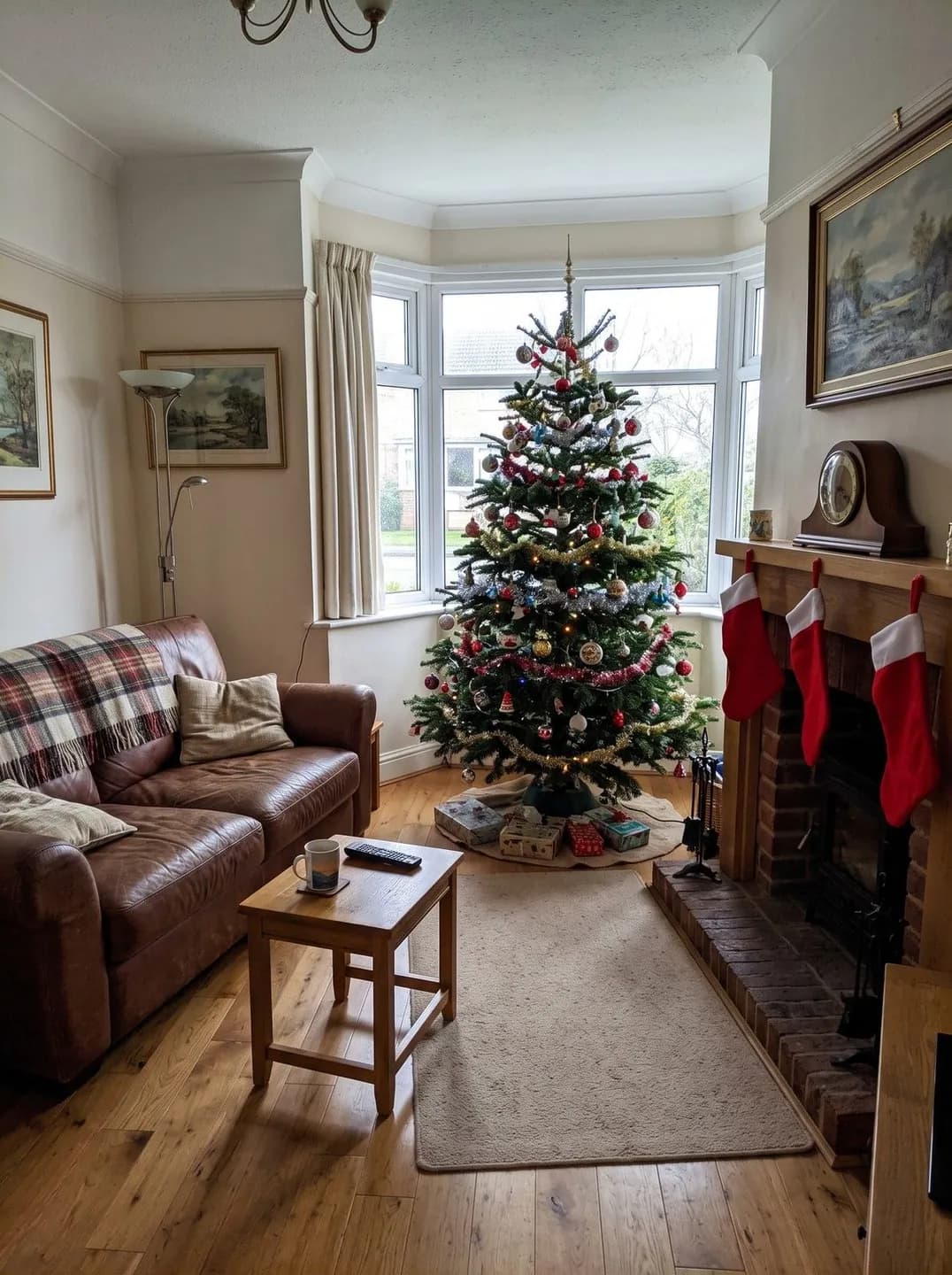 AI-generated sample input: living room by day with a tree in a bay window, a leather sofa and a fireplace with stockings