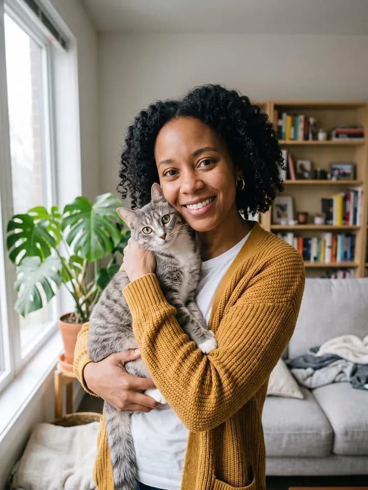 AI-generated sample input: woman with dark curly hair in a mustard cardigan hugging a grey tabby cat in a living room