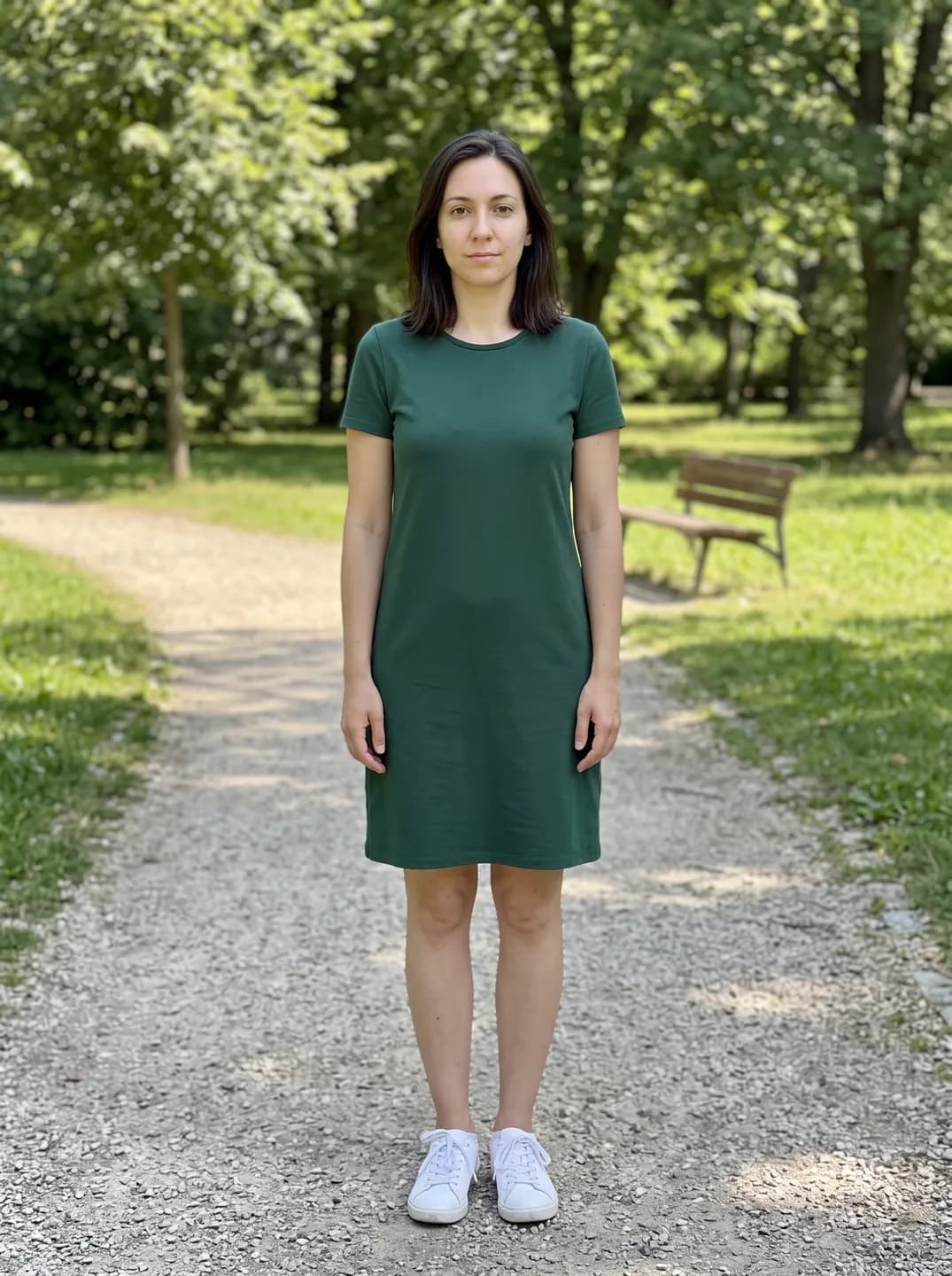 AI-generated sample input: full-length photo of a woman in a dark green dress and white sneakers on a park path