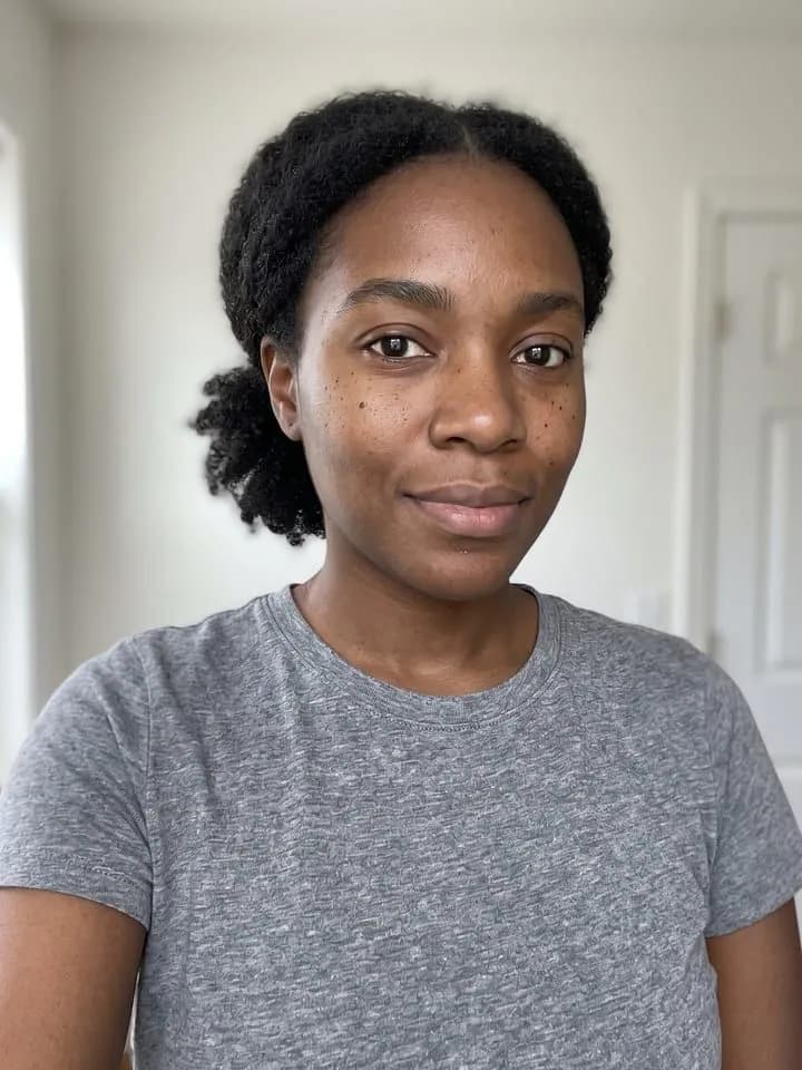 AI-generated sample input: front-facing selfie of a woman with deep brown skin, freckles and natural black hair pulled back, in a gray T-shirt