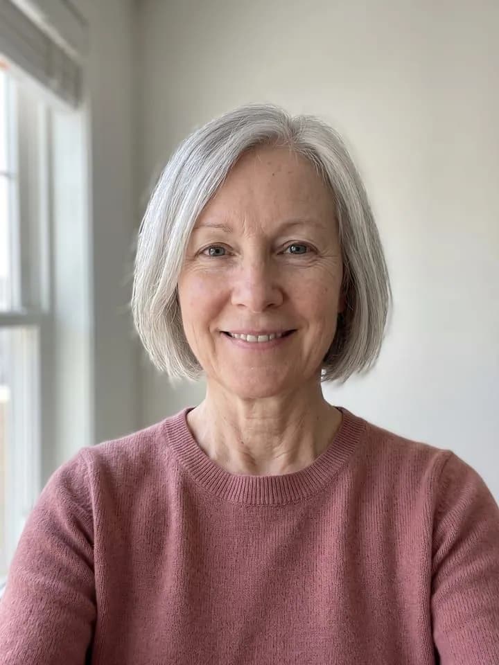 AI-generated sample input: front-facing selfie of an older woman with a silver bob and a dusty-pink sweater by a window